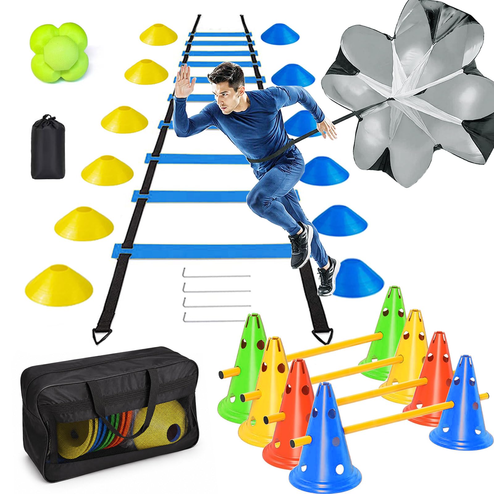 Accessori per allenamento da calcio, scala di coordinazione da 6 m con 12 coni, 4 ostacoli con 8 coni + 4 barre, palla di reazione, paracadute di resistenza, aste per slalom, set per