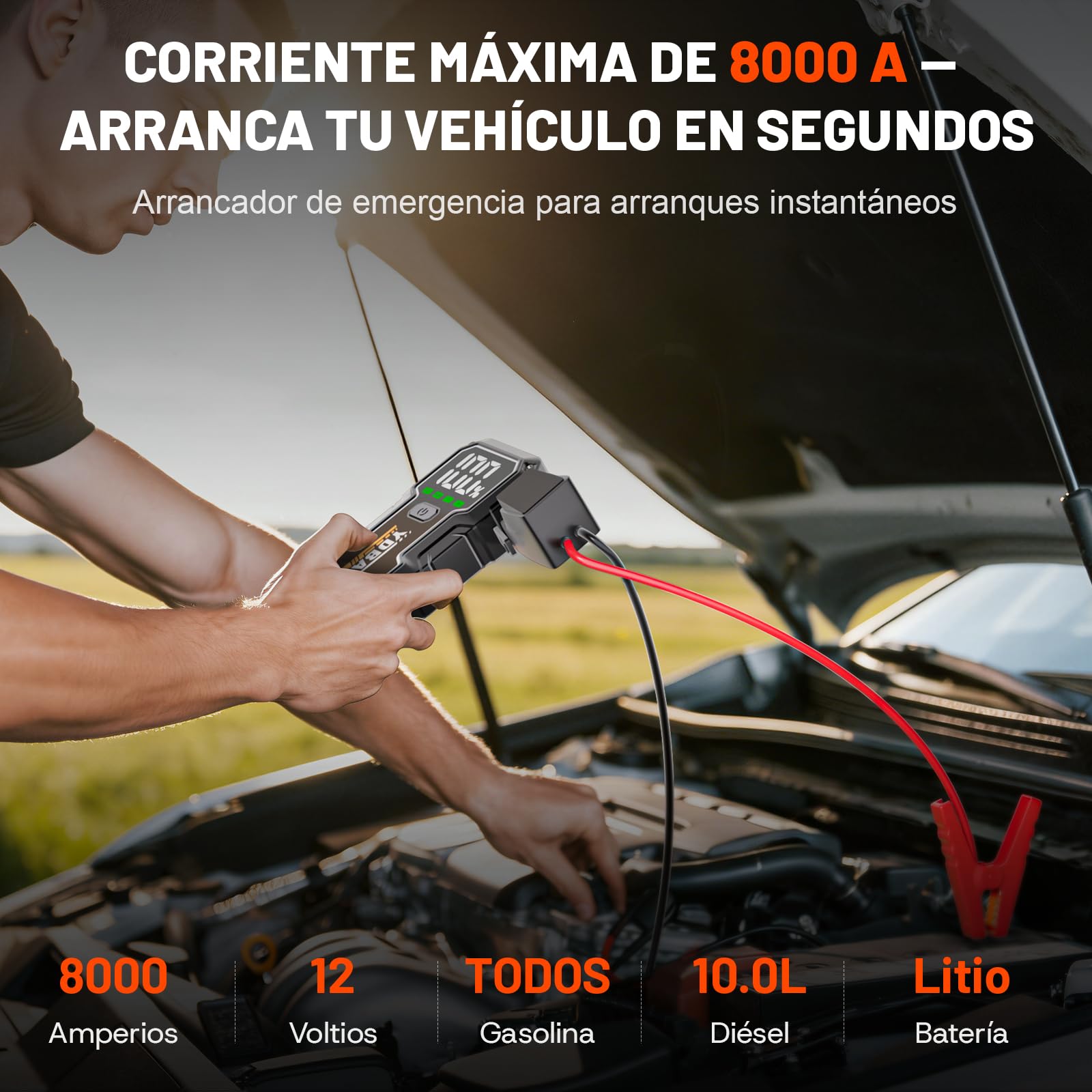 YDBAO Arrancador de Coches 8000A 12V Arrancador de Baterias de Coche Moto (para Todo Gasolina o 10L de Diésel) Jump Starter Protección Inteligente Linterna LED Pantalla LCD y Clips de Seguridad
