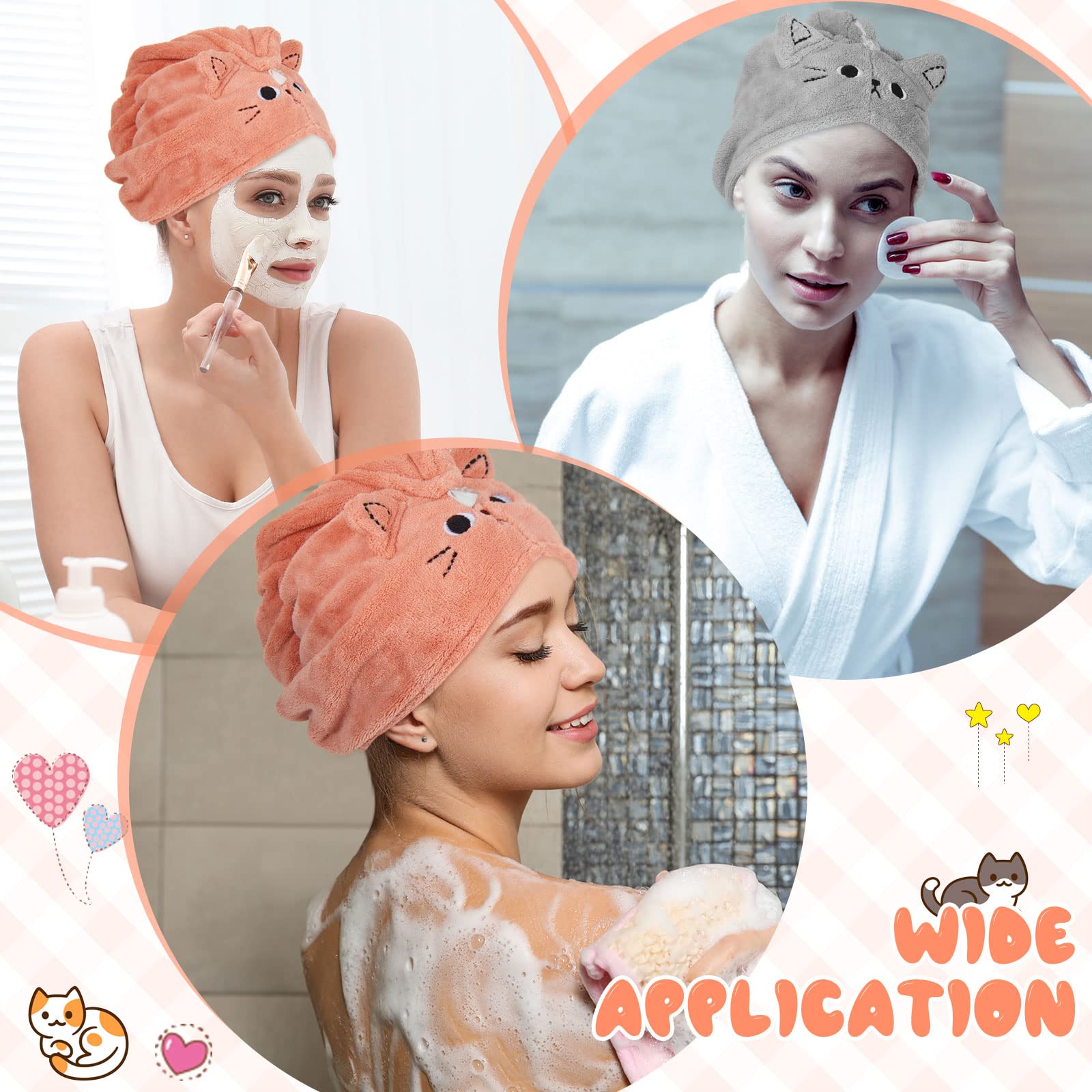Tatuo 2 Asciugamano per Capelli in Microfibra Asciugatura Rapida da Doccia Asciugamano Turbante Carino Avvolgere la Testa per Donna Bagno Mare Piscina(Rosa Scuro, Blu-Grigio,Gatto)