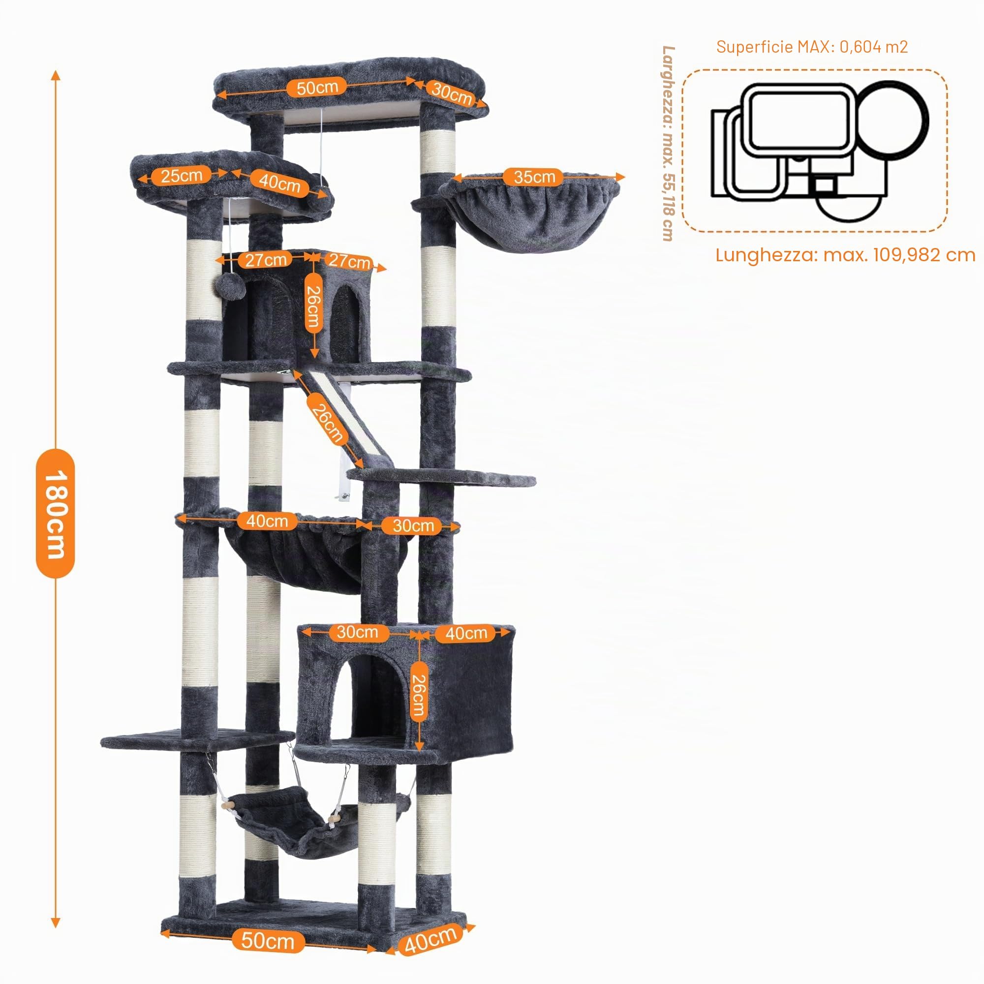 Heybly Albero Per Gatti, Torre 180 cm, 2 Piattaforme, 2 Capanne, 2 Amache, Pannello Per Sgualabocche. Grande Mobile Per Gatti Con Spazio Dormire, Grigio Fumo HCT034G