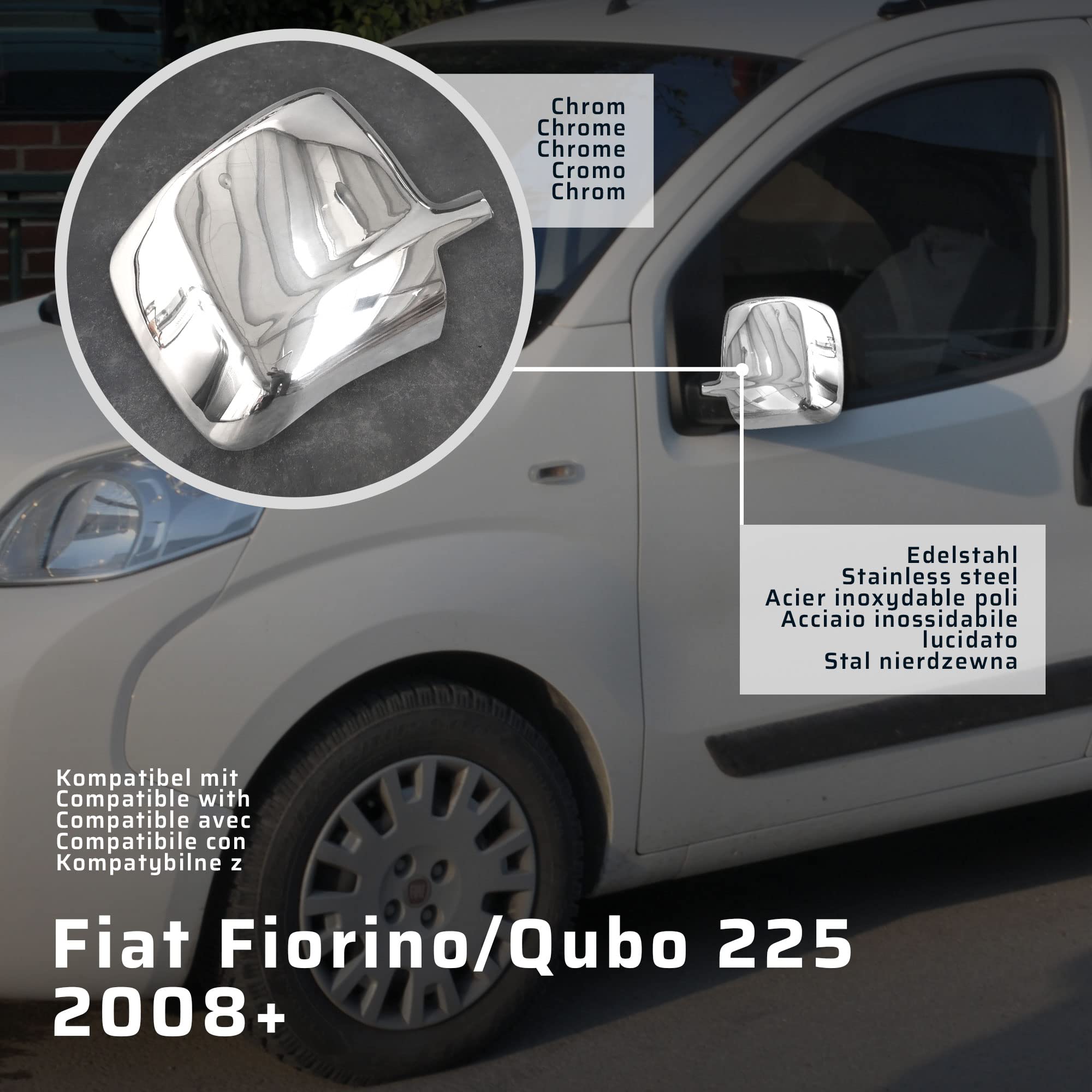 CHROMEMASTER | Nakładki na Lusterka Zewnętrzne | Kompatybilne z Fiat Fiorino/Qubo 225 od roku 2008 | Stal nierdzewna; Osłony Lusterek to Niepowtarzalny Wygląd Auta i Ochrona Przed Uszkodzeniem