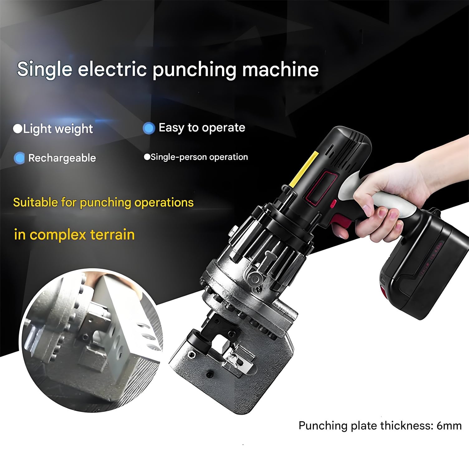 Punzonatrice idraulica Professionale 5 in 1, 18V 200W Senza Fili, Include 5 matrici e 2 batterie da 4000 mAh, per forare Acciaio, Ferro e Alluminio.