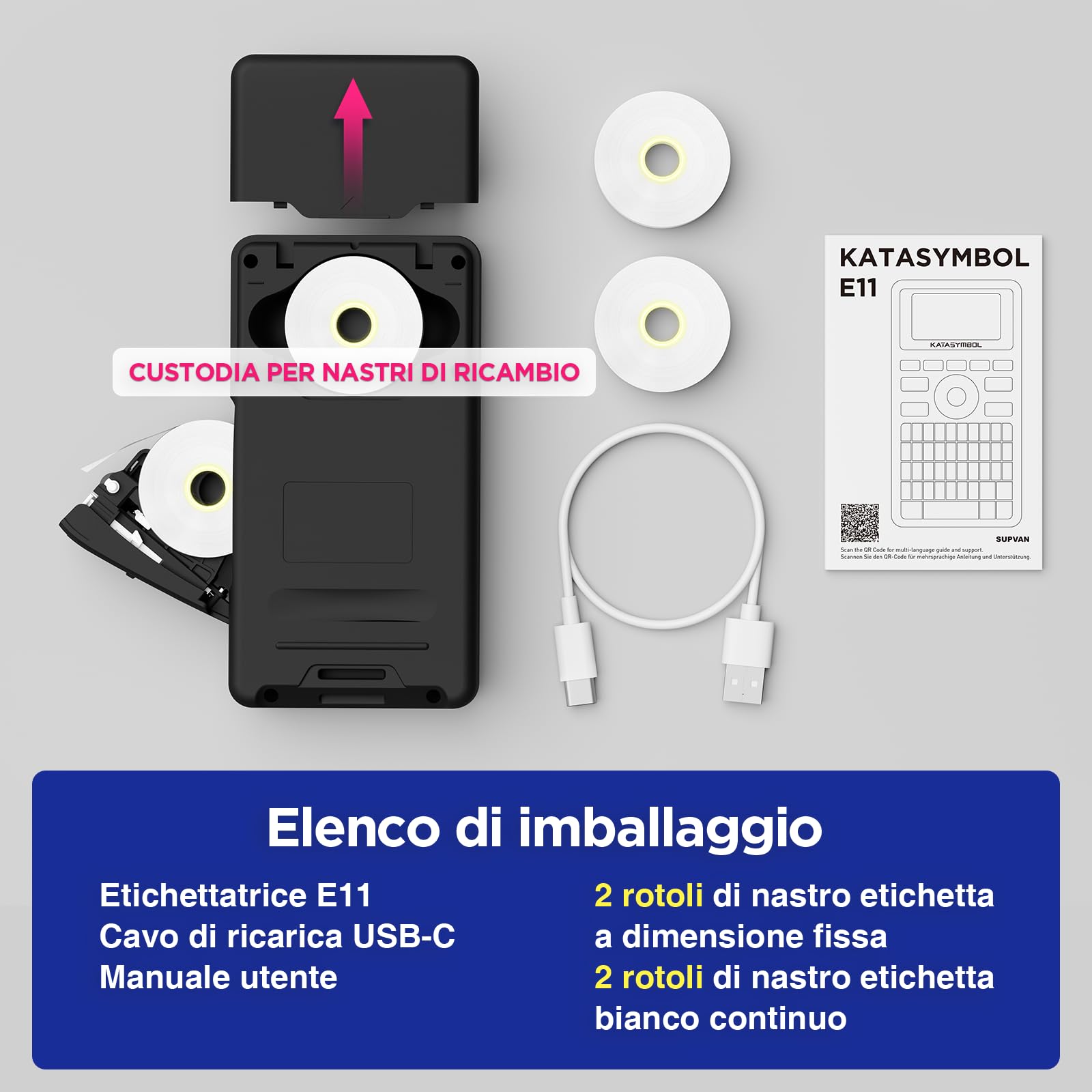 SUPVAN E11 Etichettatrice Bluetooth con 4 Nastri, Supporta Tastiera e App con 40+ Font e 600+ Icone, Stampante Etichette Adesive Ricaricabile senza Inchiostro per Casa, Cucina, Scuola, Ufficio, Nero