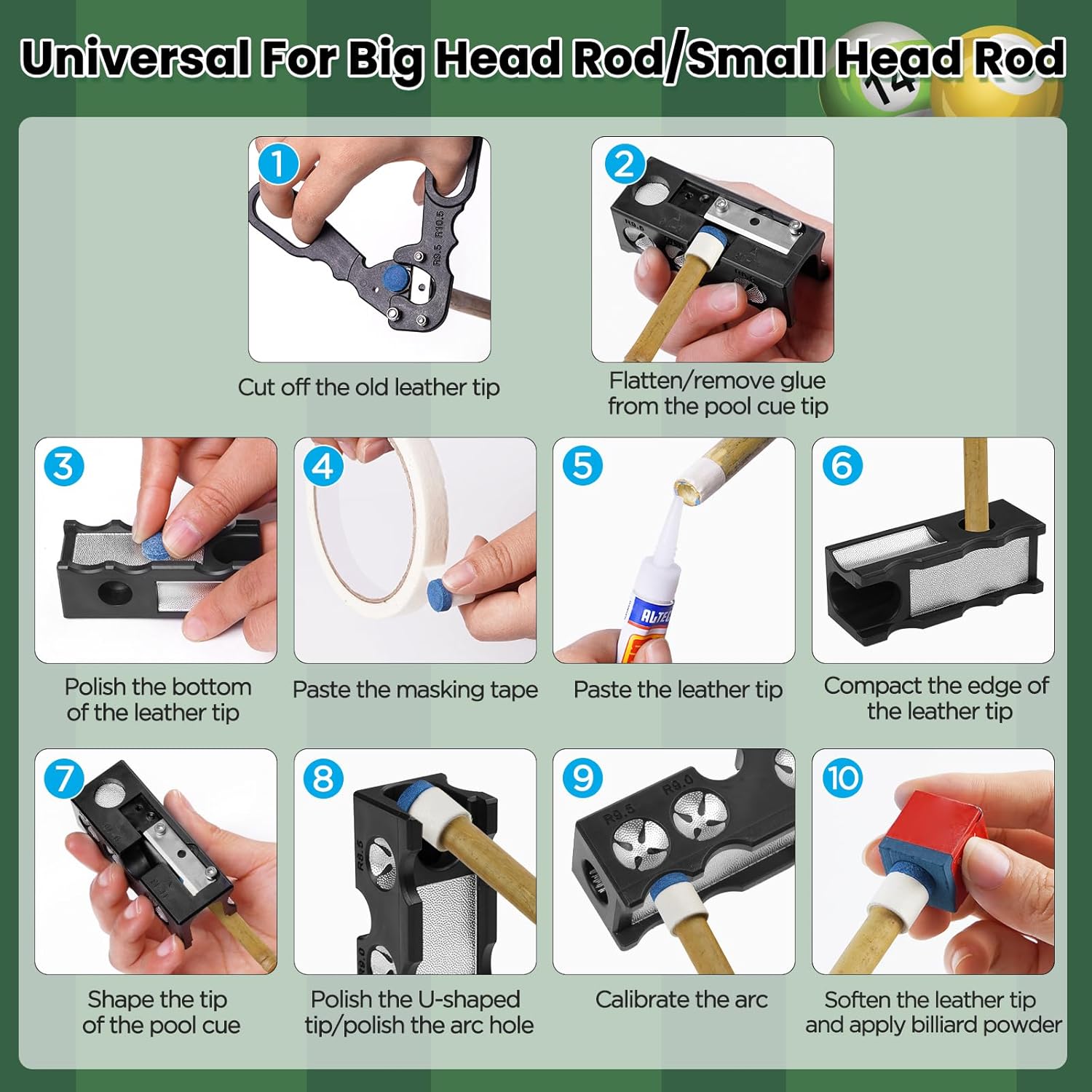 11-in-1 Pool cue Tips Replacement kit,Portable Pool cue tip Shaper,Professional Cue Stick Tool Kit,Pool cue Shaper Accessories for Replacement and Shaping Cue Tips