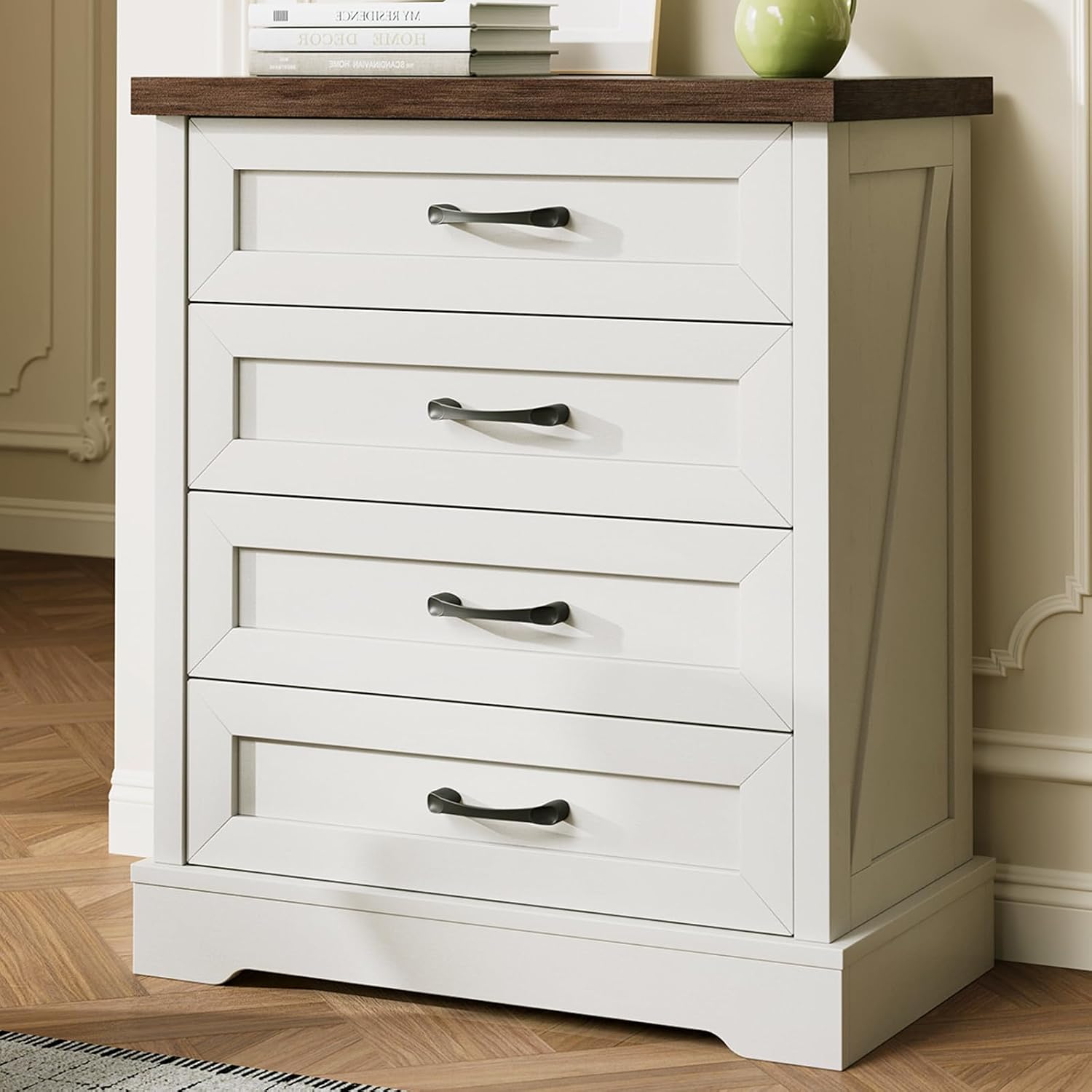 AODK 39″ Tall Farmhouse 4 Drawer Dresser for Bedroom, Walnut & White | Engineered Wood, Chest of Drawers with Metal Handle, Modern Storage Cabinet and Organizers for Closet, Living Room, Entryway