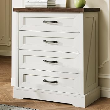 AODK White Farmhouse 4 Drawer Dresser for Bedroom, 39" Tall Engineered Wooden Chest of Drawers with Metal Handle, Modern Storage Cabinet and Organizers for Closet, Living Room, Entryway, Walnut Top