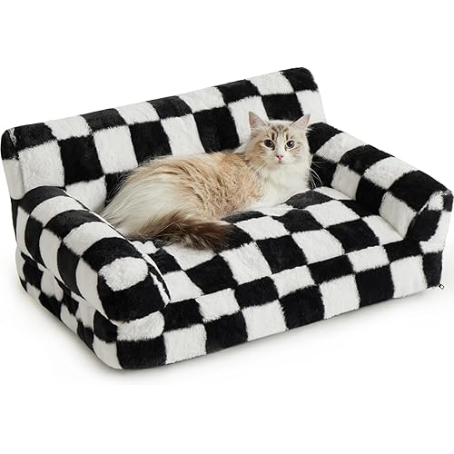 BFPETHOME Cat Couch & Dog Couch Bed, Pet Sofa for Small Pet, Cute Cat Sofa, Checkered Dog Bed with Washable Cover (Black&White)