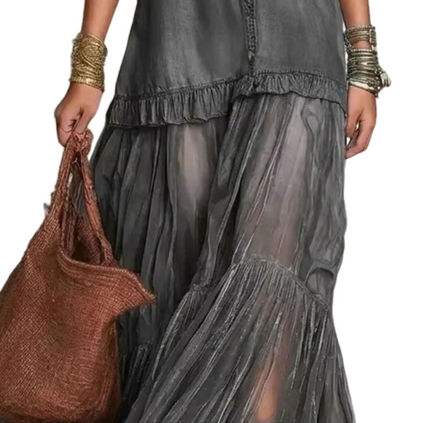 Robe chemise en faux denim pour femme, robe longue à manches longues en maille patchwork, robe longue décontractée boutonnée à volants pour un usage quotidien d'été