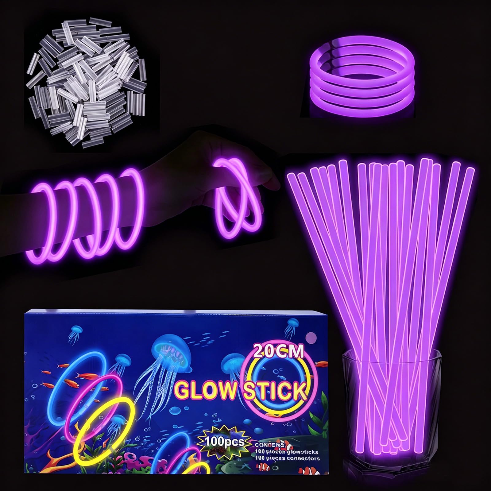 YAAVAAW 100Pcs Purple Glow Sticks Party Packs,Glow in the Dark Party Supplies,Children Glow Stick Necklaces Bracelets,20cm Glowsticks Bulk for Kids Adults Halloween Christmas Easter Party Bag Fillers — image 1