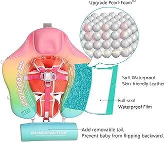 AnjeeIOT Mambobaby Float with Canopy Baby Float Non-Inflatable Baby Pool Float Solid Swimming Float Upgraded Add Tail Never Flip Over for Infant 3-24 Months, Rainbow Pink