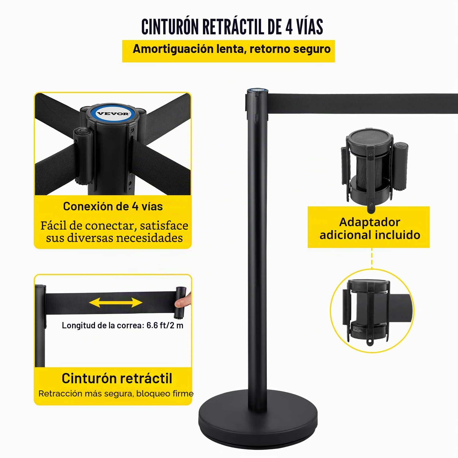 VEVOR Postes Separadores 4 piezas 90 cm Negros Poste Separador con Cinta Extensible 2 m Conexión 4 Vías 22 kg Postes de Barrera Control Multitudes Retráctiles Base Estable
