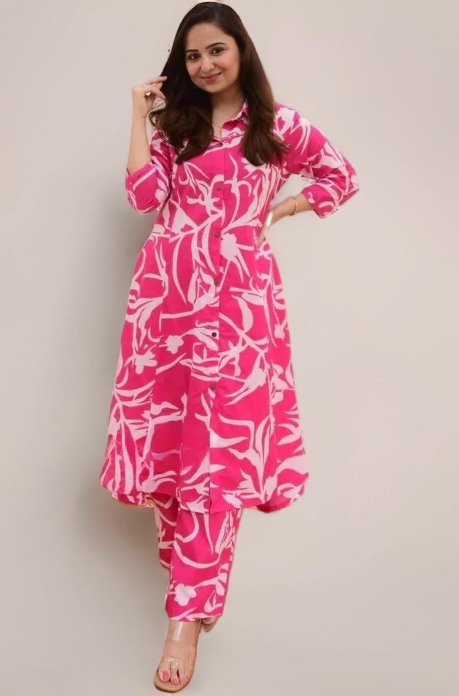 Leriya Fashion Women's Anarkali Rayon Floral Printed Kurta Pant Set | High-Low Hem & 3/4 Sleeves | Ethnic Co-ord for Festive & Casual Wear | Co ord Set For Women Stylish | 2 Piece Dress For Holiday Look & Puja