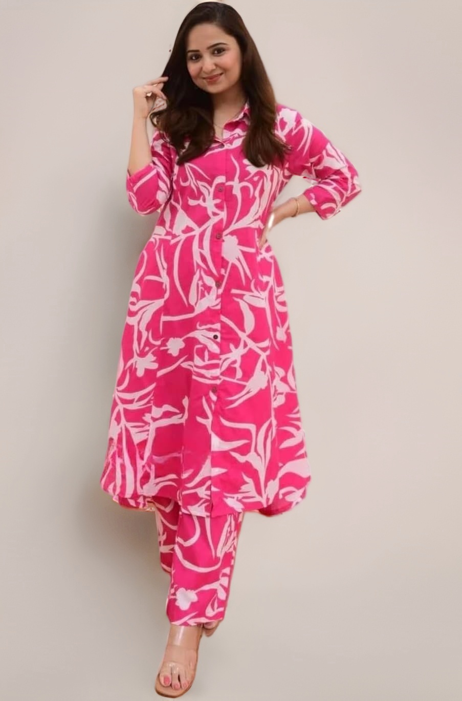 Leriya Fashion Women's Anarkali Rayon Floral Printed Kurta Pant Set | High-Low Hem & 3/4 Sleeves | Ethnic Co-ord for Festive & Casual Wear | Co ord Set For Women Stylish | 2 Piece Dress For Holiday Look & Puja