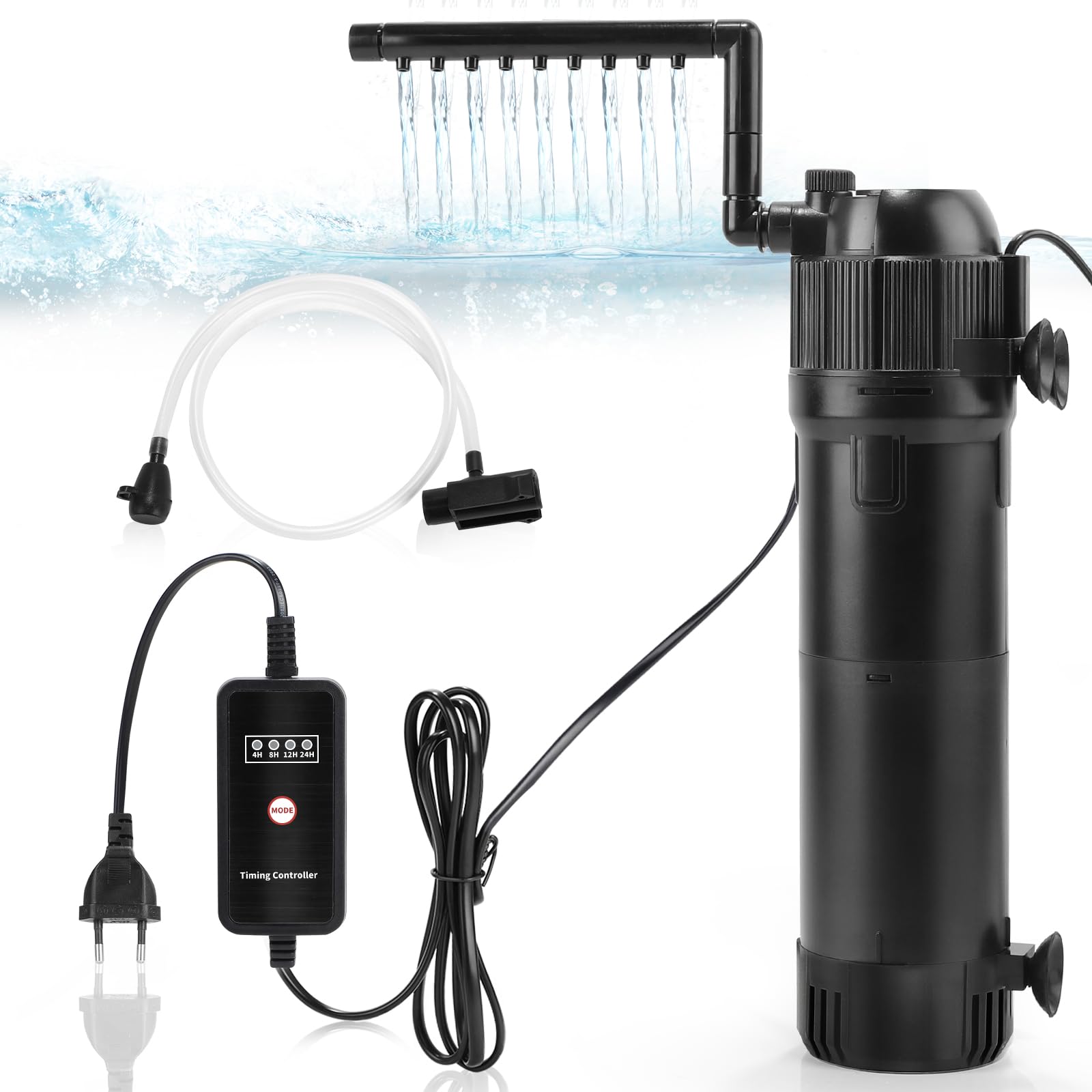 DBREAKS 5 en 1 Filtro Acuario Interno 650 L/h 6W con Lámpara UVC 8W y Temporizador, Filtro Pecera Ajustable para Acuarios 100-300 litros, Filtro Tortugas de Agua con Lampara UV