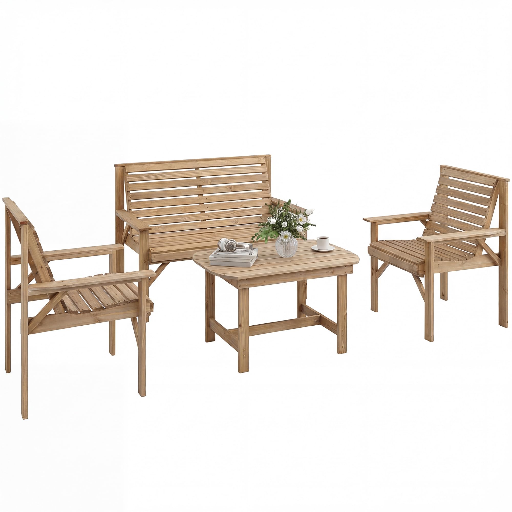 Outsunny 4 Seater Wooden Garden Furniture Set 4 Piece Natural Wood Finish