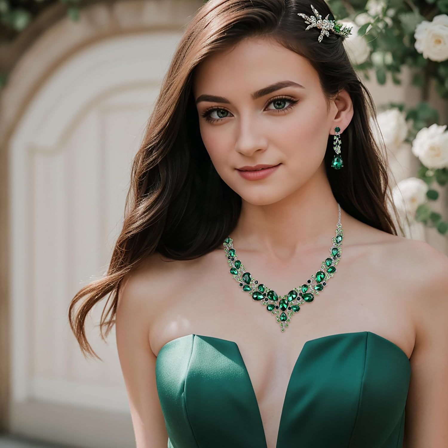 BriLove Women's Wedding Bridal Austrian Crystal Teardrop Cluster Statement Necklace Dangle Earrings Jewelry Set - Image 2