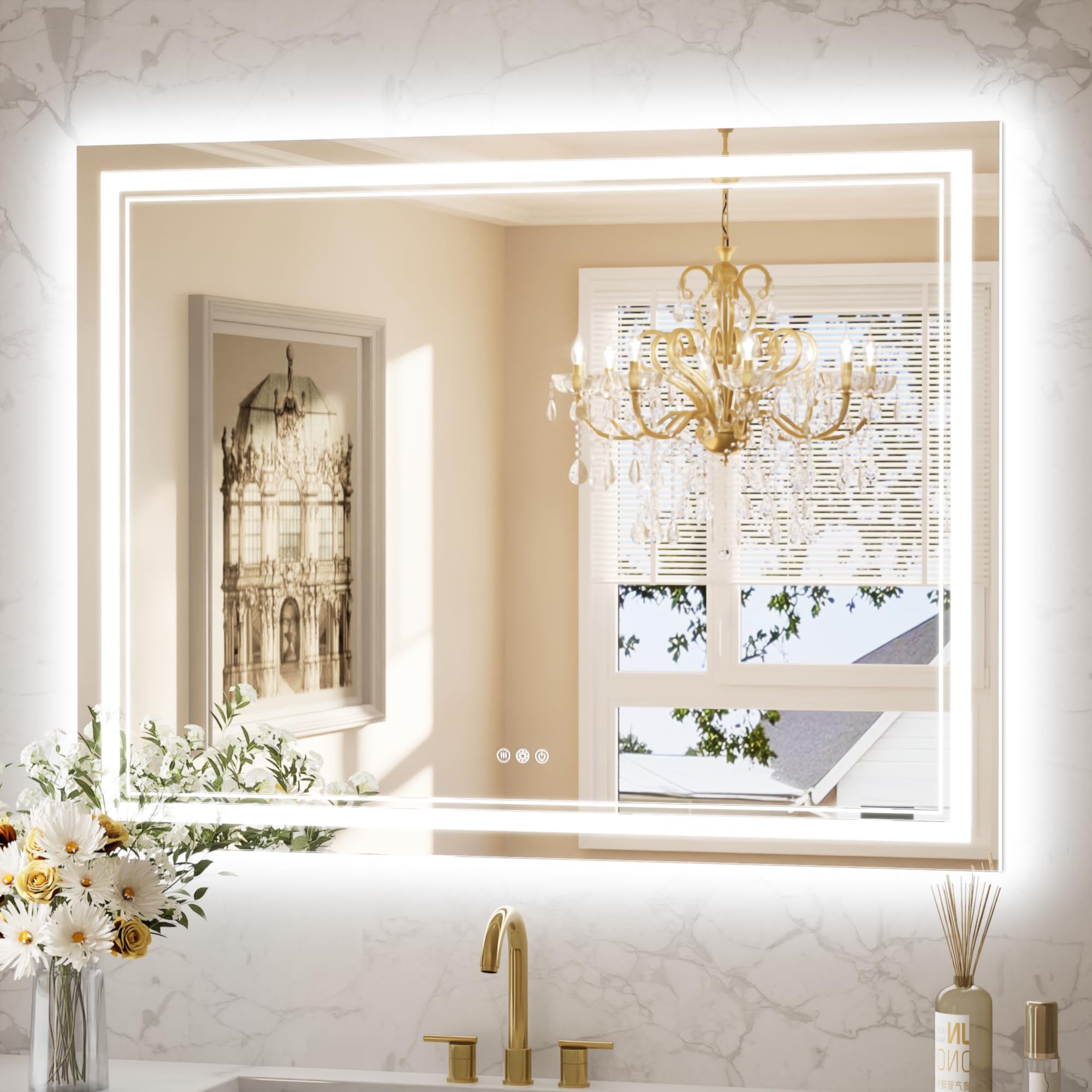 Keonjinn Bathroom Mirror with Lights 47.6" x 35.8" with Backlit and Front Light, Stepless 3 Colors Temperature Dimmable LED Bathroom Mirror, UL Listed