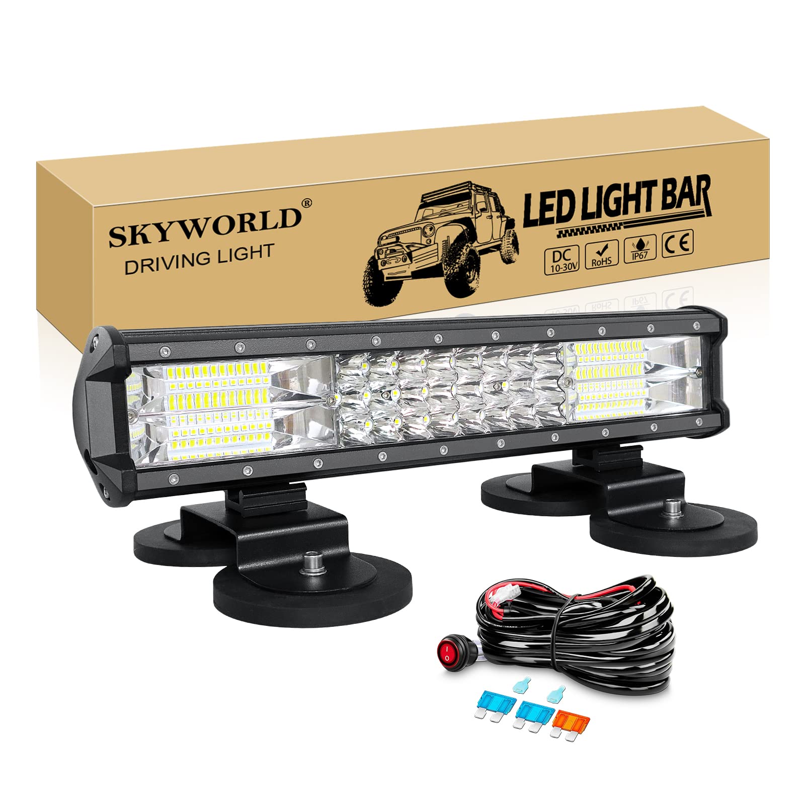 SKYWORLD 15 Zoll 38 cm 216W Led Arbeitsscheinwerfer Bar, Led lichtleiste kfz Mit 12V Kabelbaum, Starke Magnet halterungen für SUV Offroad ATV UTE Traktor LKW PKW 4x4 Auto Fahrzeuge, 6000K Weiß