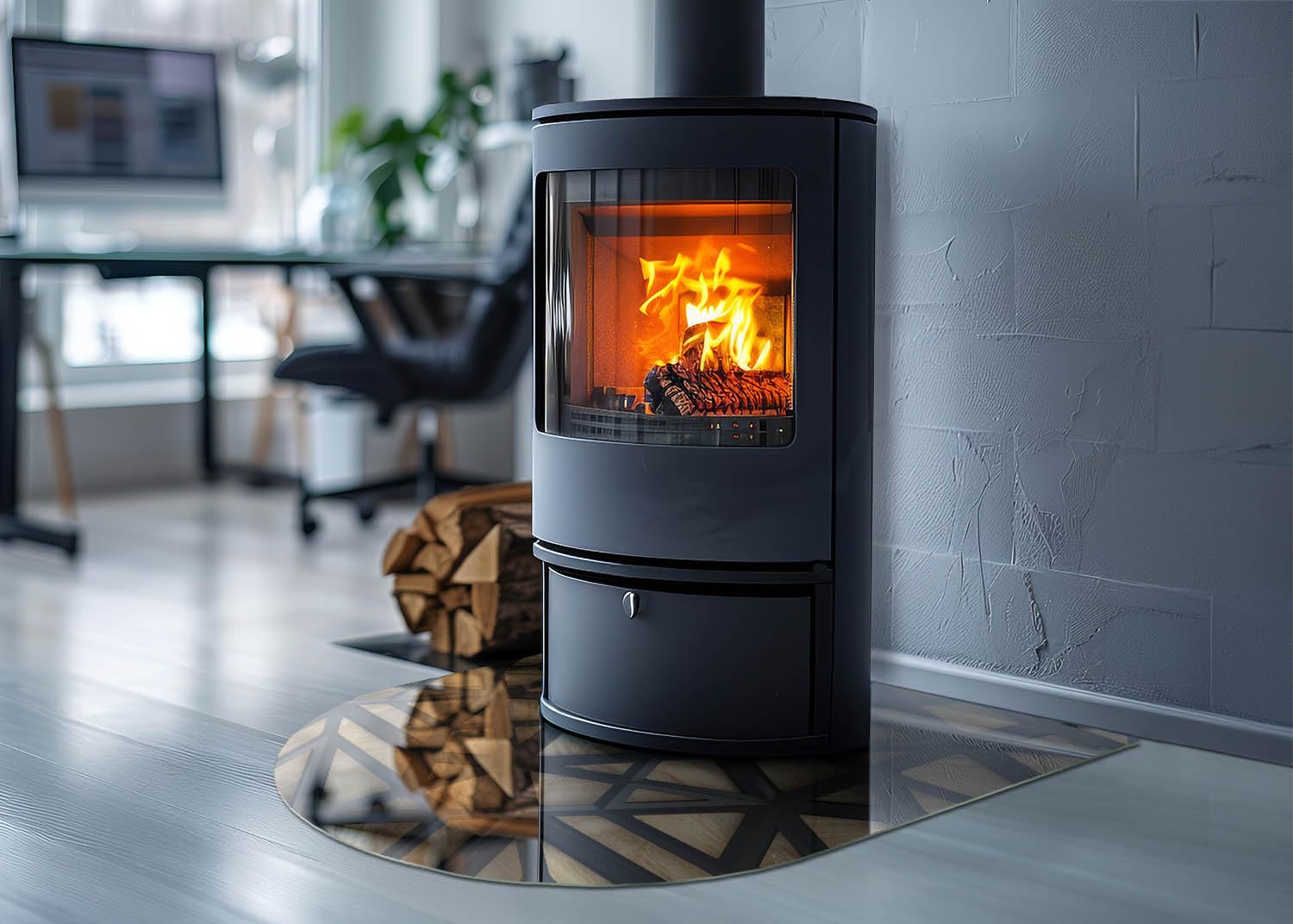 Piastra per camino e stufa 80x70cm di Vetro Temperato Protezione del Pavimento Resistente a Scintille Design Elegante Arco Resistente alle Alte Temperature - Geometria con il legno