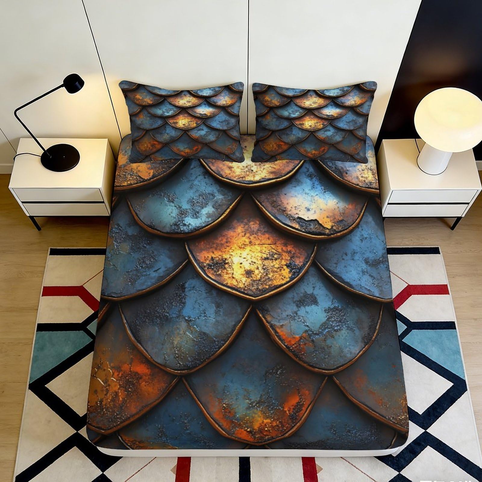 Uynsixtme Style-7 3D Printed Dragon Scale Fitted Sheet Microfiber Deep Pocket Bedroom Bedding Decor Dragon Scale Mattress Fitted Cover Non-Slip Washable 140X200x25cm