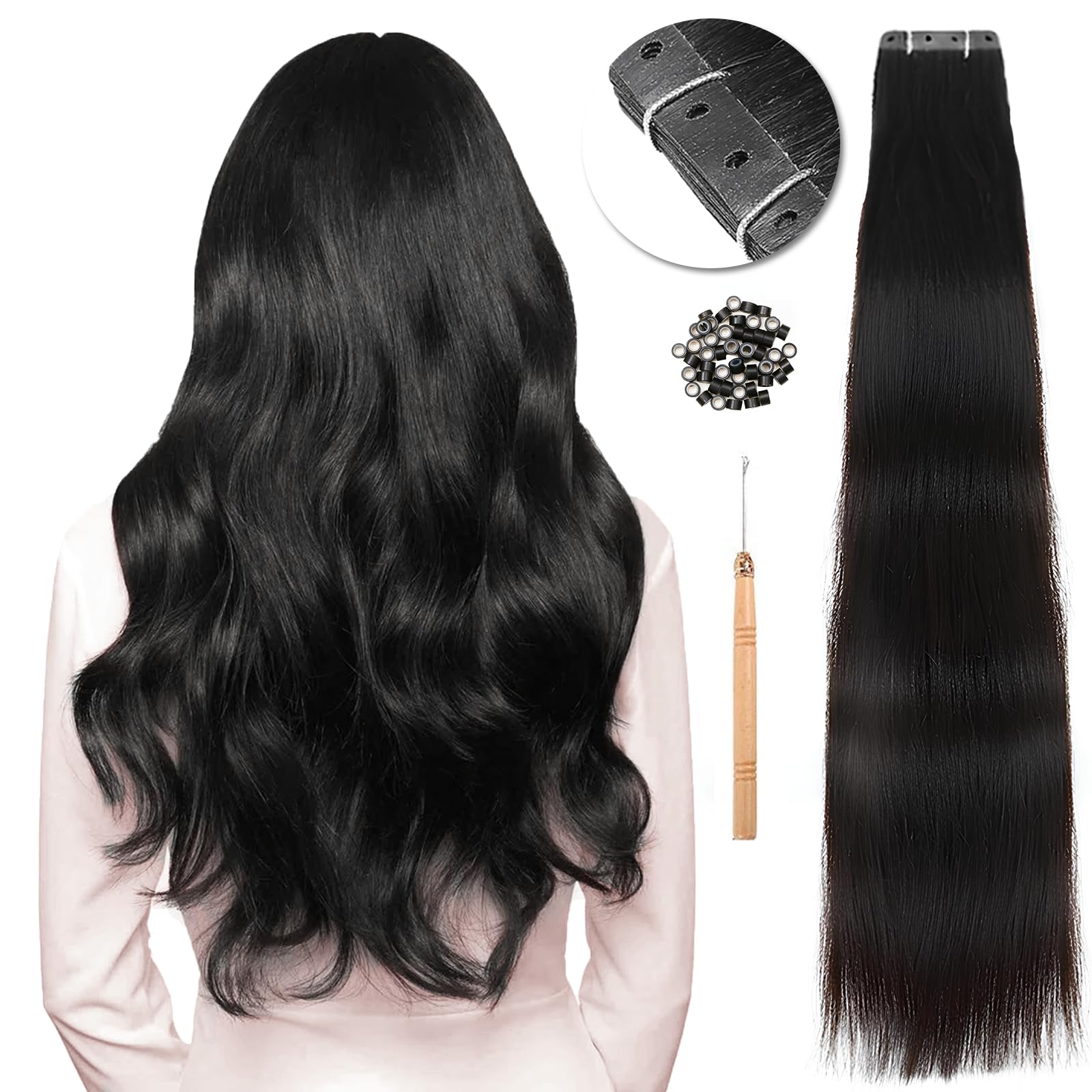 HANNE 20pcs 20 Inch Natural Black Invisible Hair Extensions Real Human Hair 4 Holes PU Remy Hair Extensions via Hair Beads Reusable No Glue Seamless Human Hair Extensions for Women