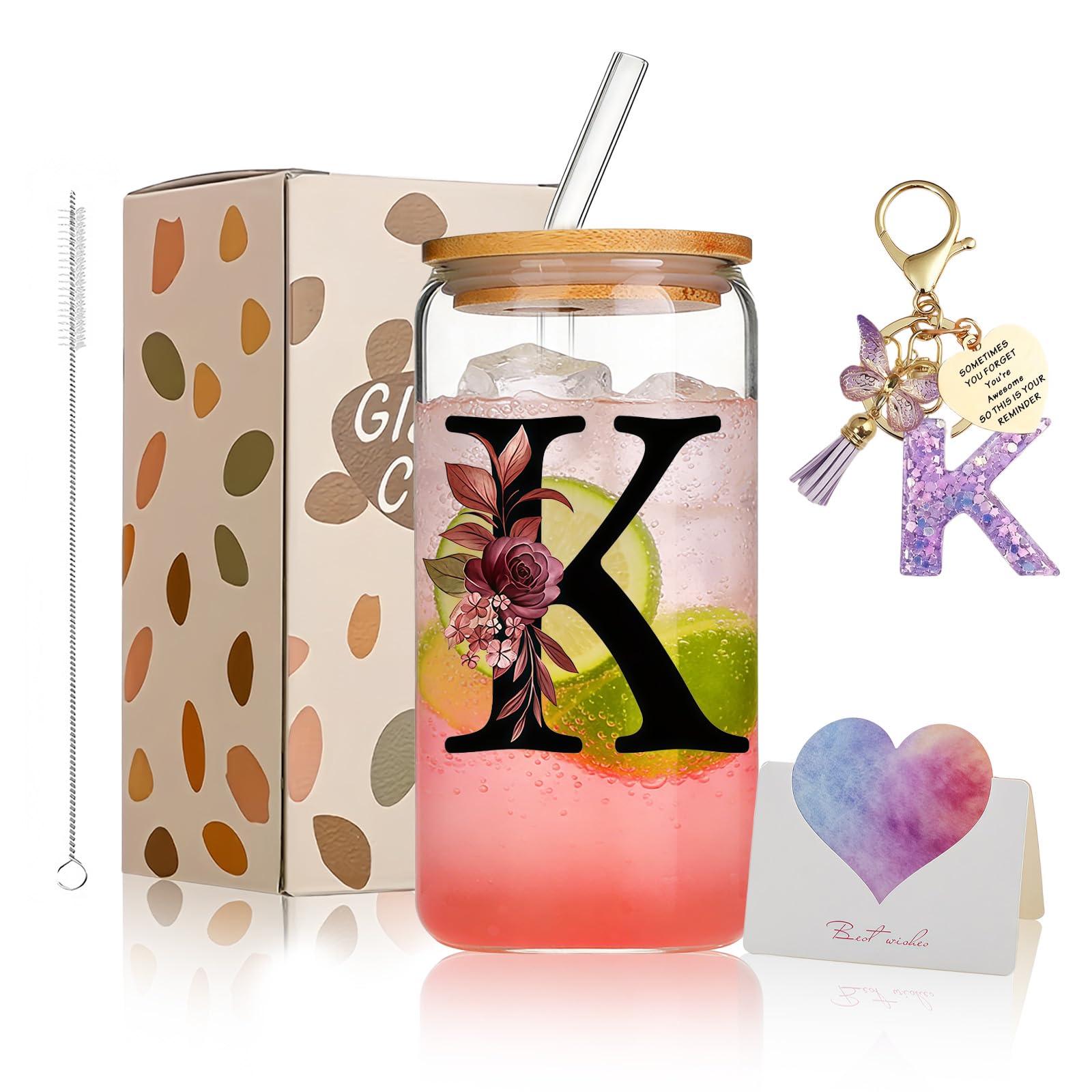 AWSOLAR 17.6oz Glass Cups with Lids and Straws, K Iced Coffee Cup, Personalised Gifts for Women and Men on Valentine, Mother, Father, Birthday, Christmas, Anniversary, Graduation Gifts