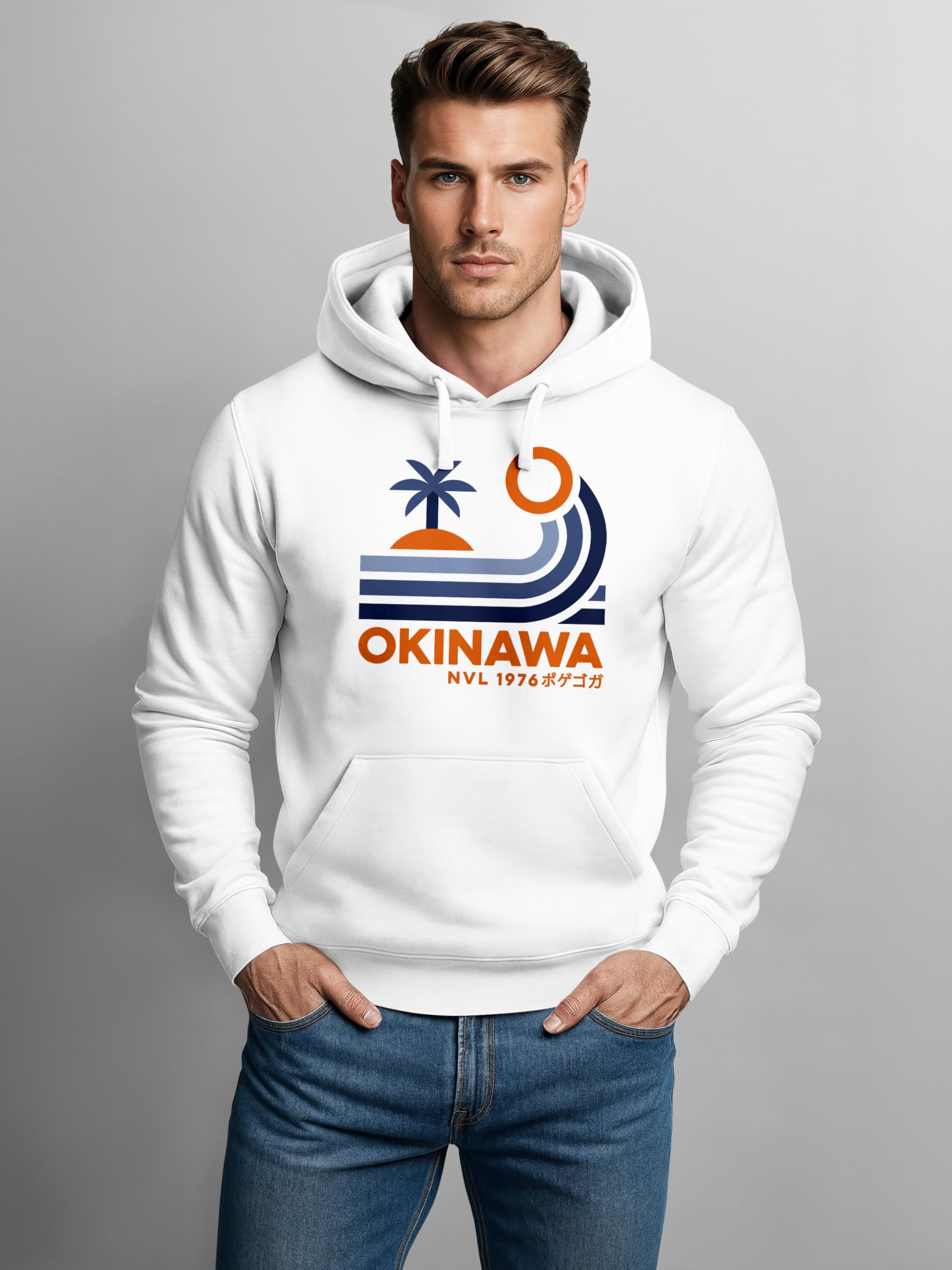 Neverless® Hoodie Herren Japan Okinawa Schriftzug Retro Palme Welle Print Kapuzen-Pullover Männer Fashion Streetstyle