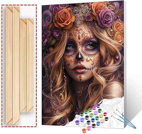 Miniatura 6 de Tucocoo Decoración del Día de los Muertos, pintura por números, esqueleto para parejas, pintura por números sobre lienzo con pinceles y pigmento