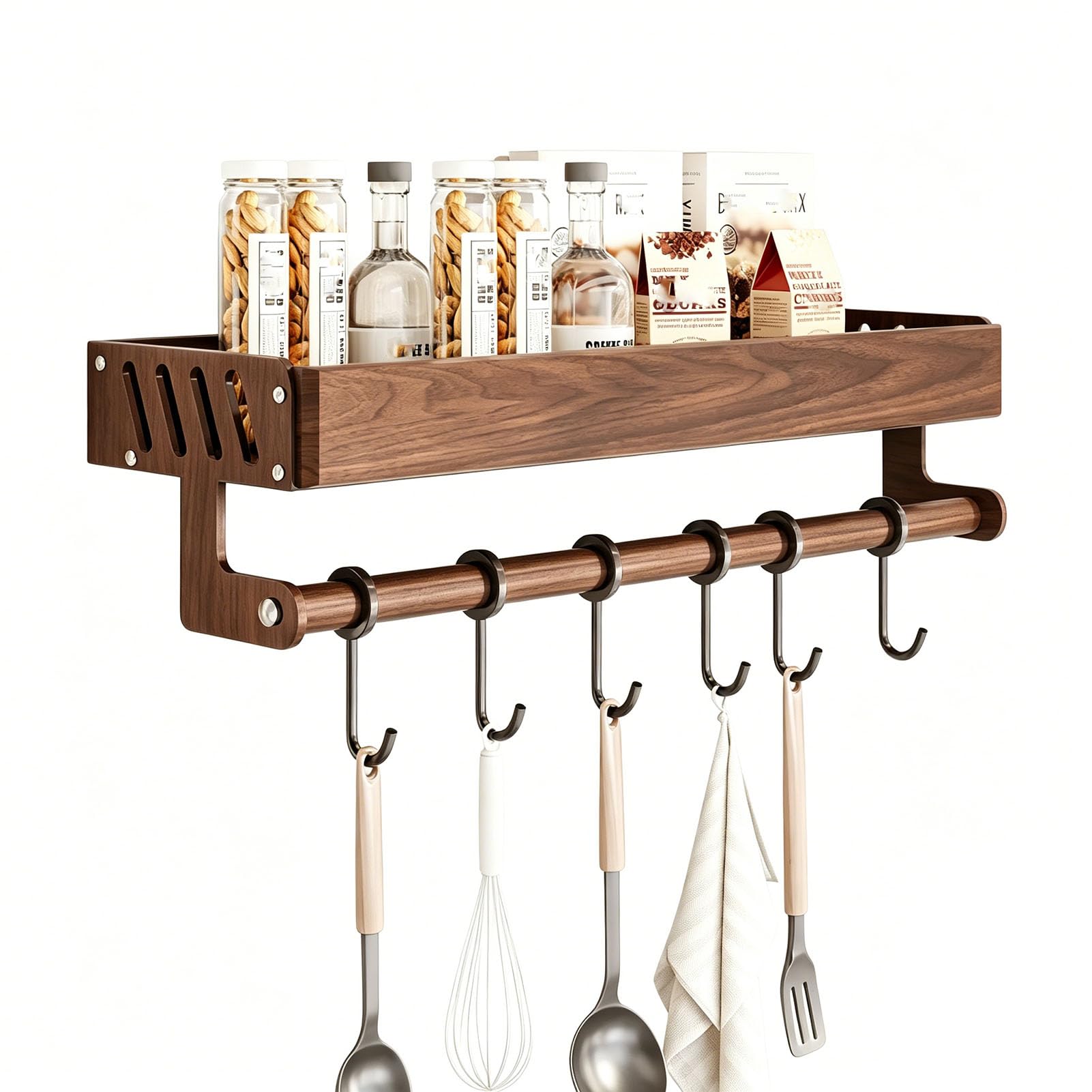 TBATM Adhesive and Screw Mounted Kitchen Storage Shelf, Wall Spice Organiser with Hooks, Towel Rail and Storage Compartment, Rustic Style Rack for Pantry Utensils,40cm