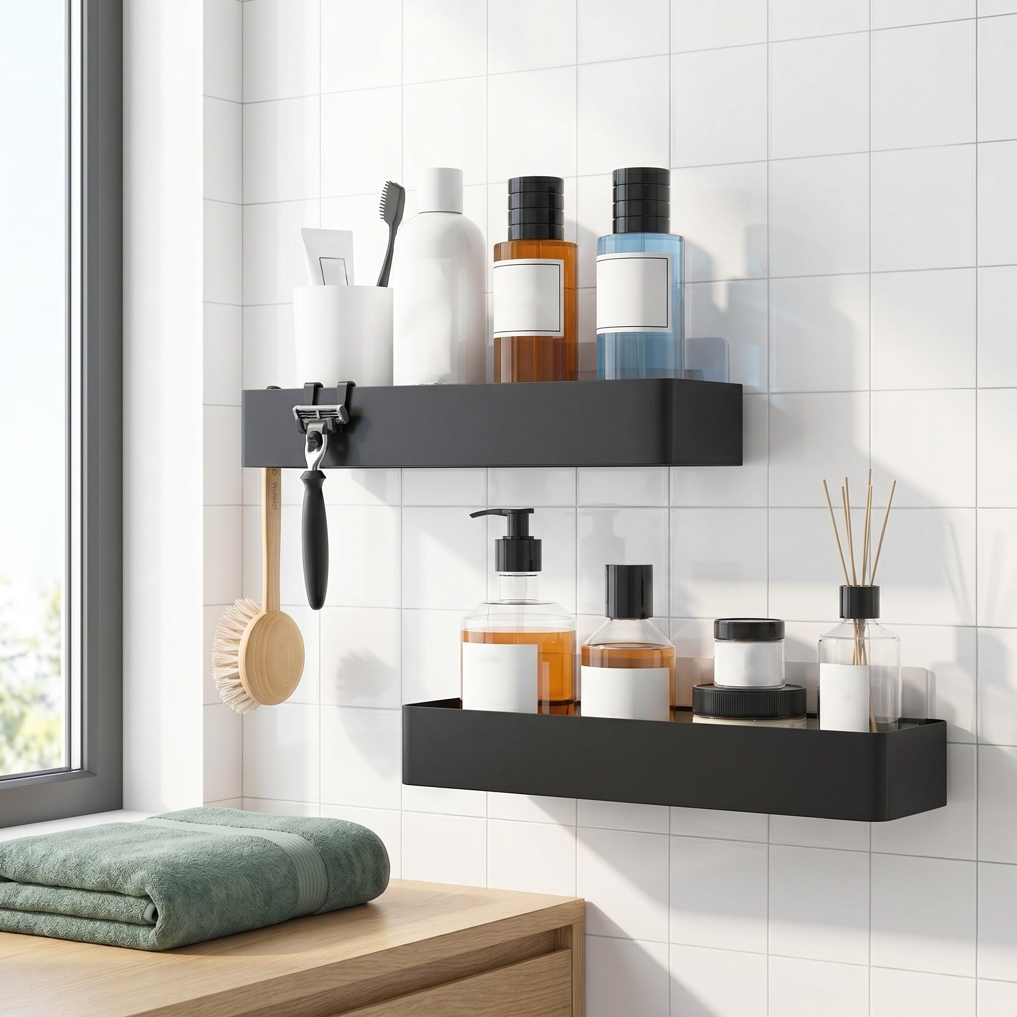 Veemoon Estante de Ducha 2 Repisas y Estructura de Acero al Carbono sin Taladro Negro Resistente al Óxido con Diseño Abierto para Baño y Dormitorio