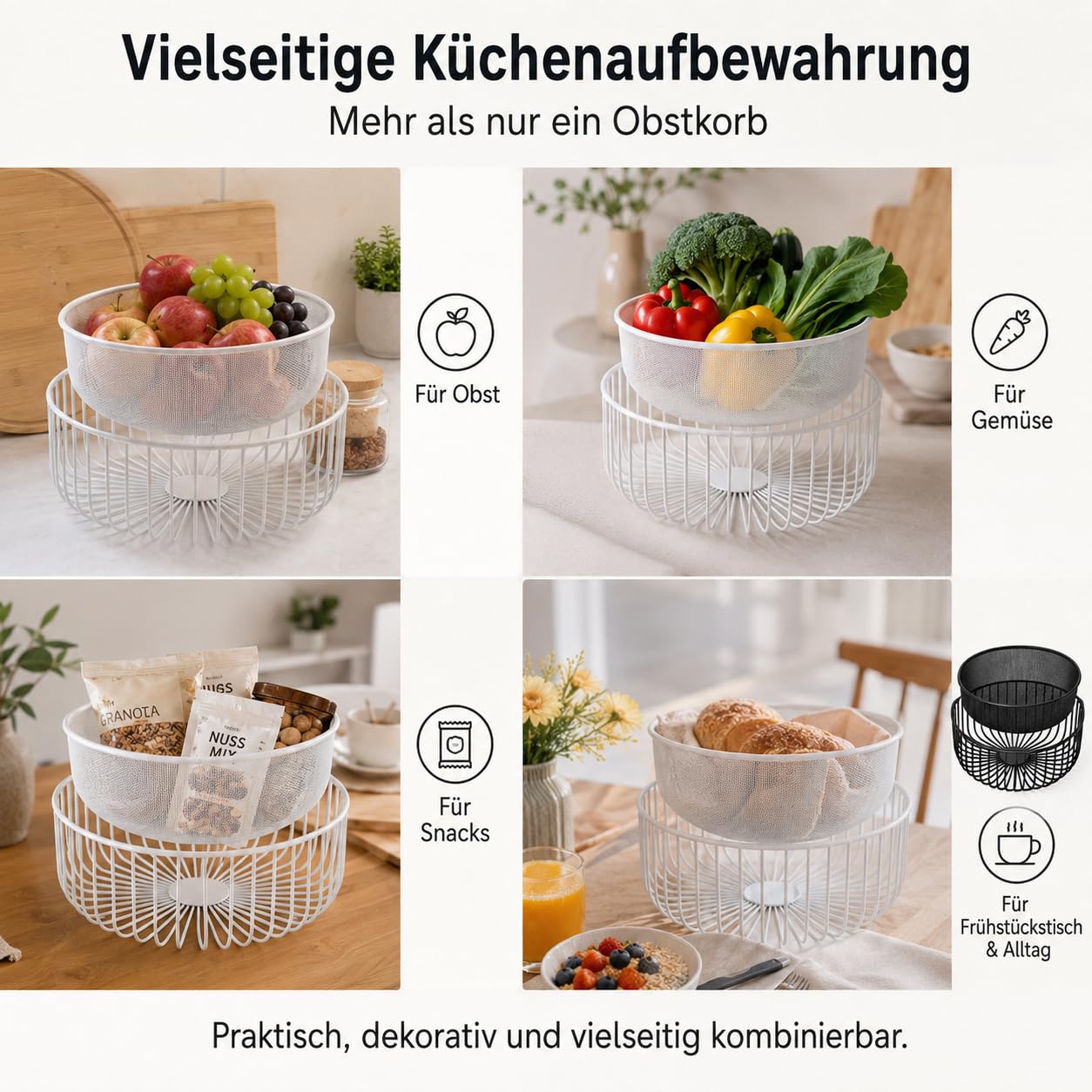 Pealeaf Obstkorb mit Deckel, Metall Obstschale mit Fliegenschutz, Obstkorb aus Drahtgeflecht mit Netzdeckel, Obst- und Gemüsehalter für Küche Arbeitsplatte Aufbewahrung (1PCS-Black)