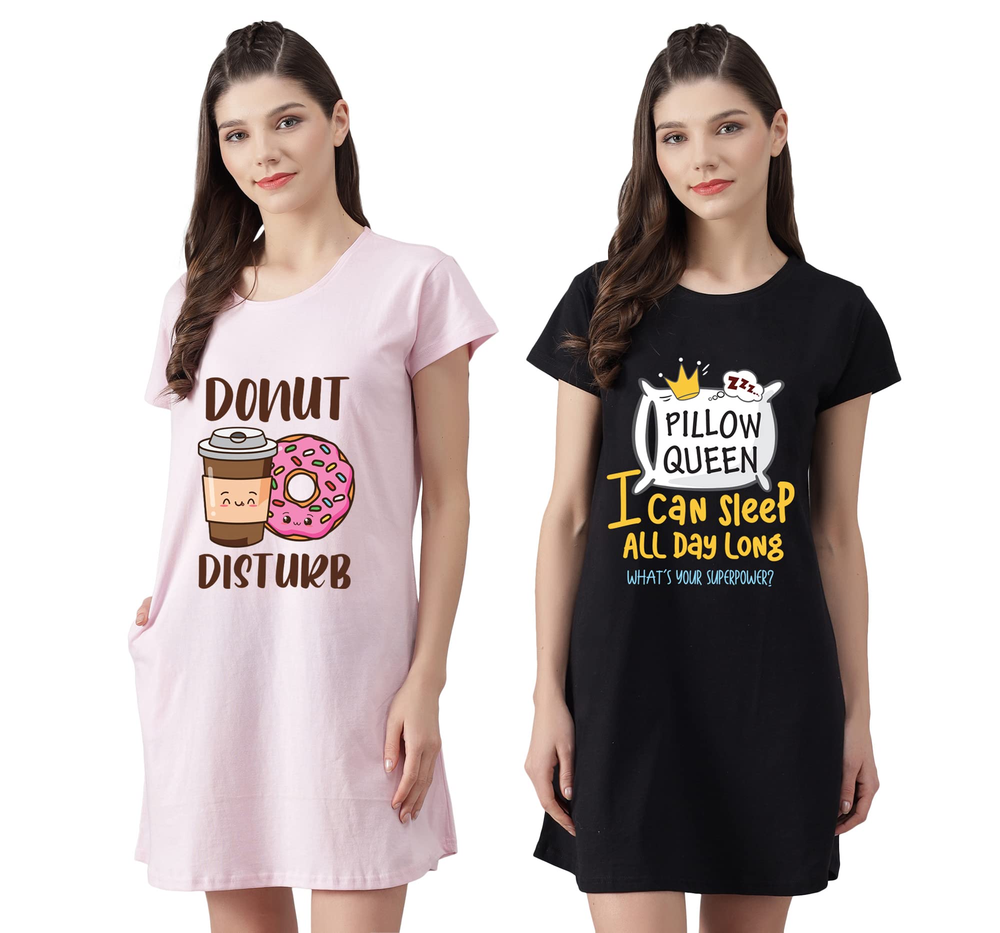 Women’s Cotton Nighty | Printed Knee Length Night Gown |Relaxed Fit Nightwear |Short Nightdress| Long T-Shirt | Sleepwear & Casual Wear Nighty (Pack of 2)