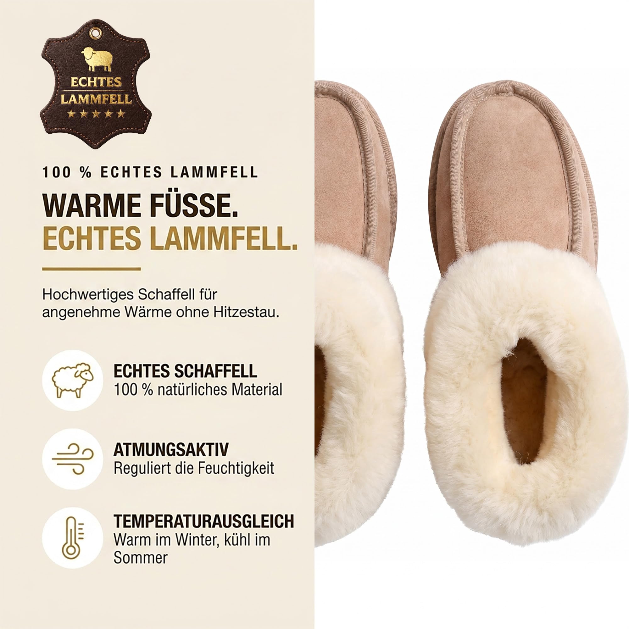 Rohn Moden Lammfell Hausschuhe für Damen und Herren – Puffin – Warme Hausschuhe mit Schaffell & rutschfester EVA-Sohle – Winter Pantoffeln für zuhause – Slipper gefüttert - Braun