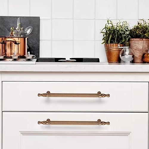 Miniatura 10 de Paquete de 10 manijas de gabinete de cocina de 5 pulgadas (5.039 in) moleteadas doradas, tiradores de gabinete de cocina, tiradores de cajón para