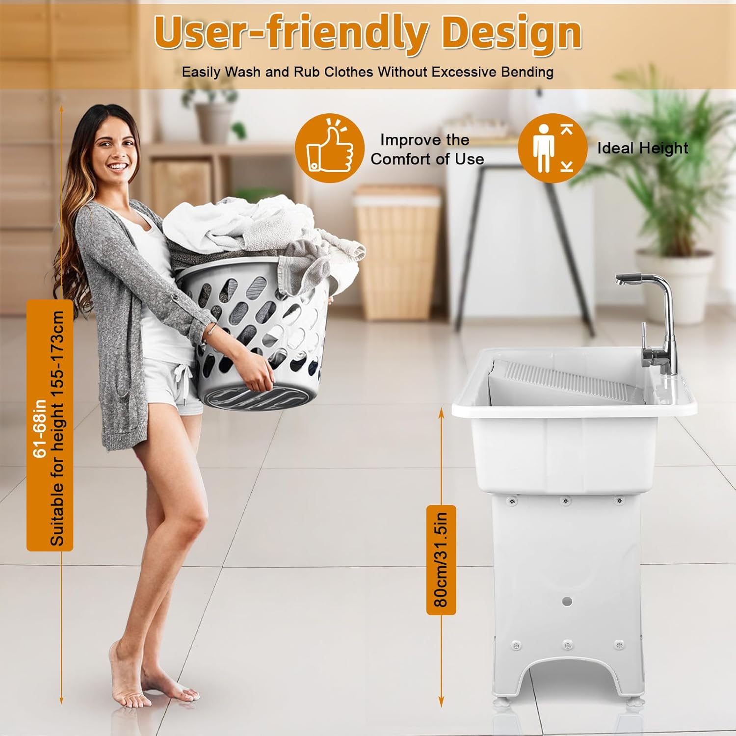 Freestanding Utility Tub Sink, Plastic Laundry Sink with Hot Cold Faucet & Removable Washboard, Portable Hand Wash Station Outdoor Washing Basin Laundry Room Sinks for Home Garage (White)