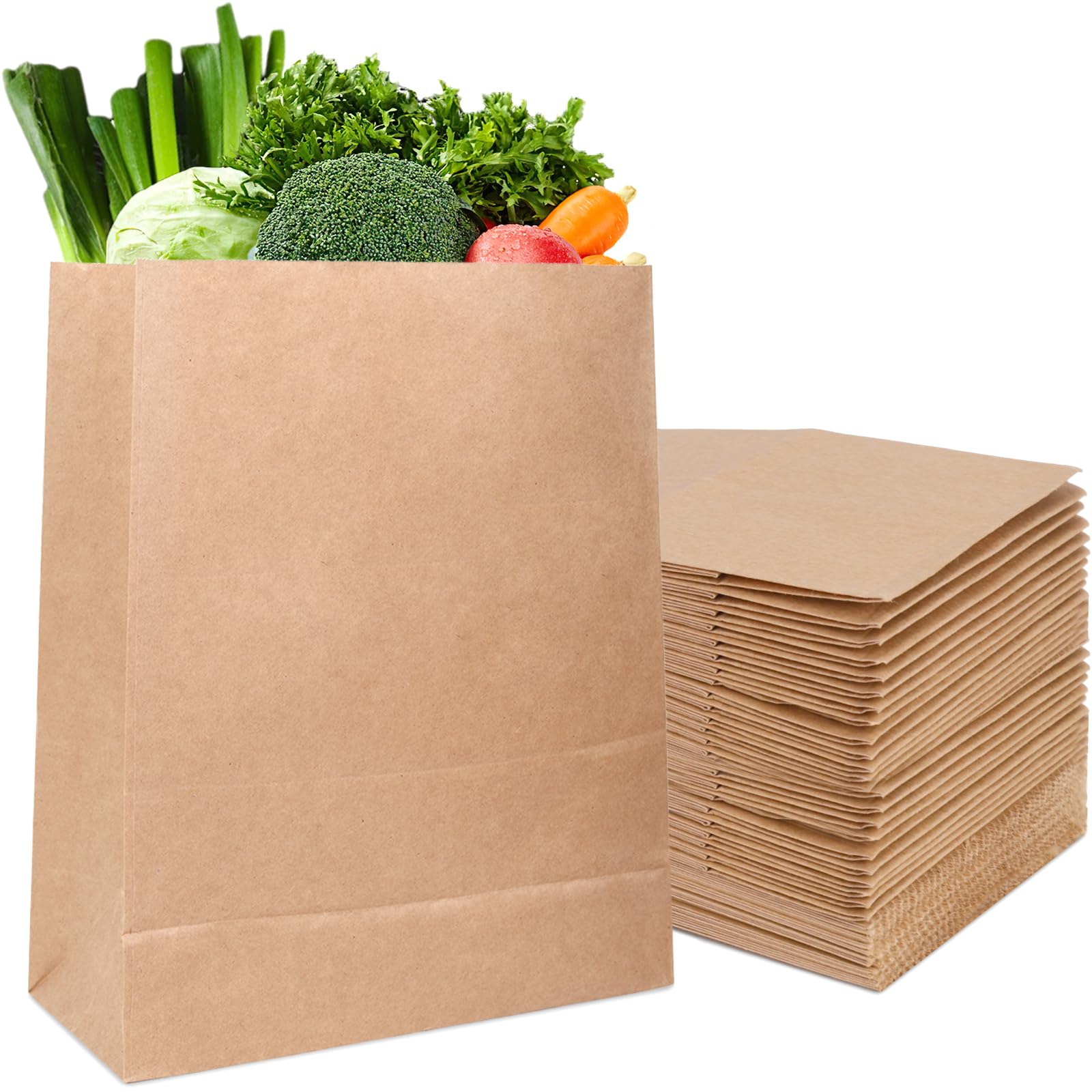 VGOODALL 100PCS Paper Grocery Bags, Brown Paper Bag Heavy Duty Large Paper Bag Kraft Paper Sacks Takeout Bags for Restaurant Retail Shopping 70gsm