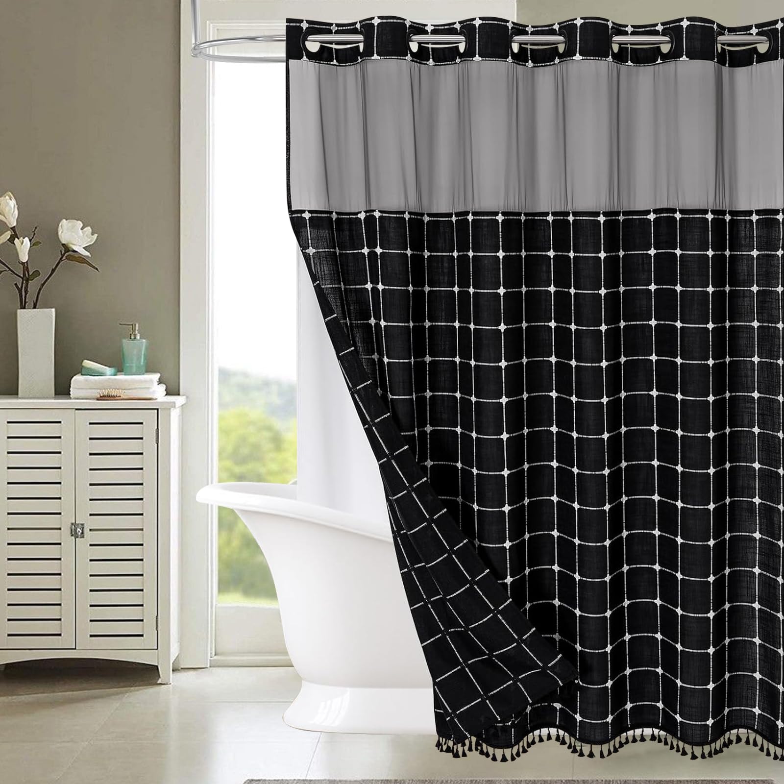 Muuyi Fabric Shower Curtains with Snap in Liner,No Hooks Needed,Tassels Shower Stalls Curtain with Window for Bathroom Decor,Waterproof & Washable,