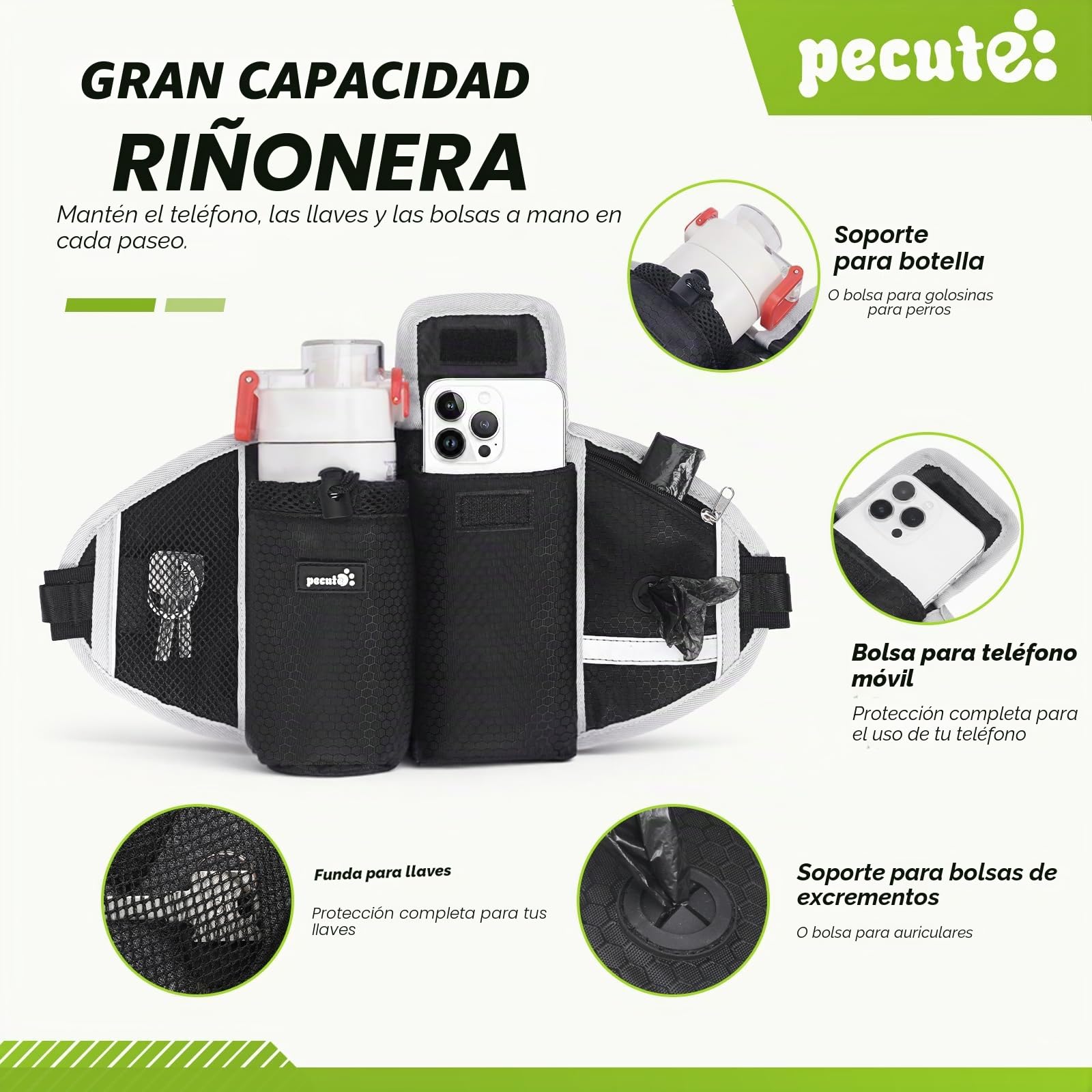 Pecute Correa para Perro Manos Libres para Perros hasta 50 kg de absorción de Choque, cómoda, Costura Reflectante, Ideal para Correr, Correr y Caminar