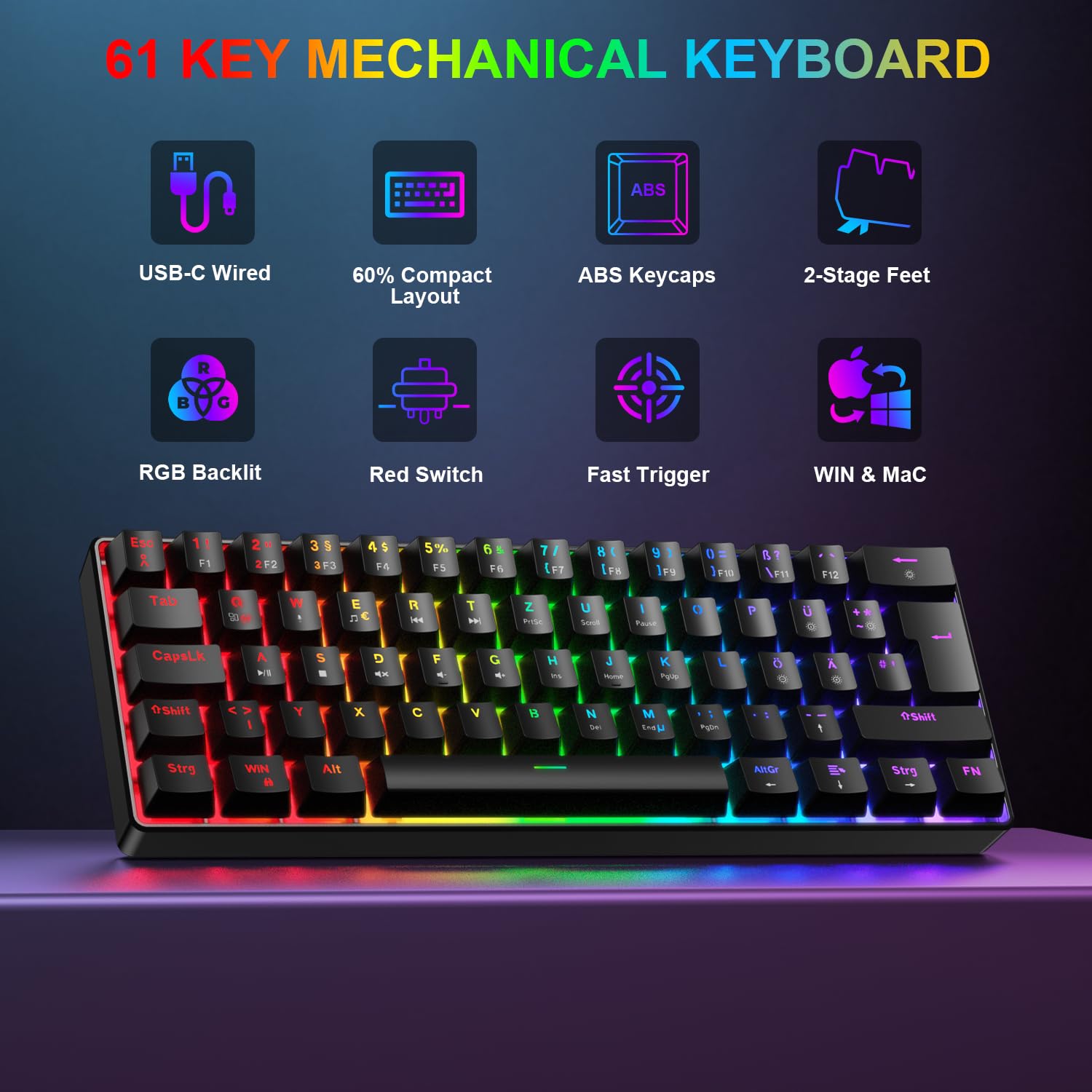 Set tastiera e mouse da gioco, 60% QWERTZ Layout Mini tastiera meccanica con illuminazione RGB, switch rossi, cavo USB-C, mouse da gioco a LED, set compatto per PC Mac Xbox PS5
