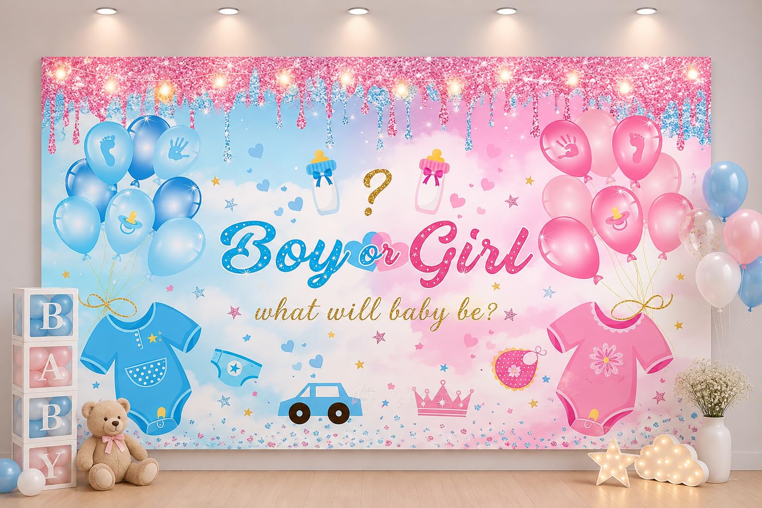 ZENDA CLUB Toile de Fond Gender Reveal Grand Format 480 x 240 cm – Backdrop Professionnel Girl Or Boy Rose et Bleu – Décoration Baby Shower, Révélation Sexe Bébé