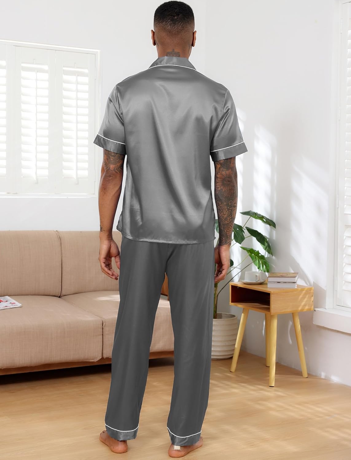 GAESHOW Mens Silk Pajama Set, Short Sleeve Silk Satin Pajamas for Men Soft Mens Loungewear Sets 2 Piece Button Down Pjs Set - Image 3