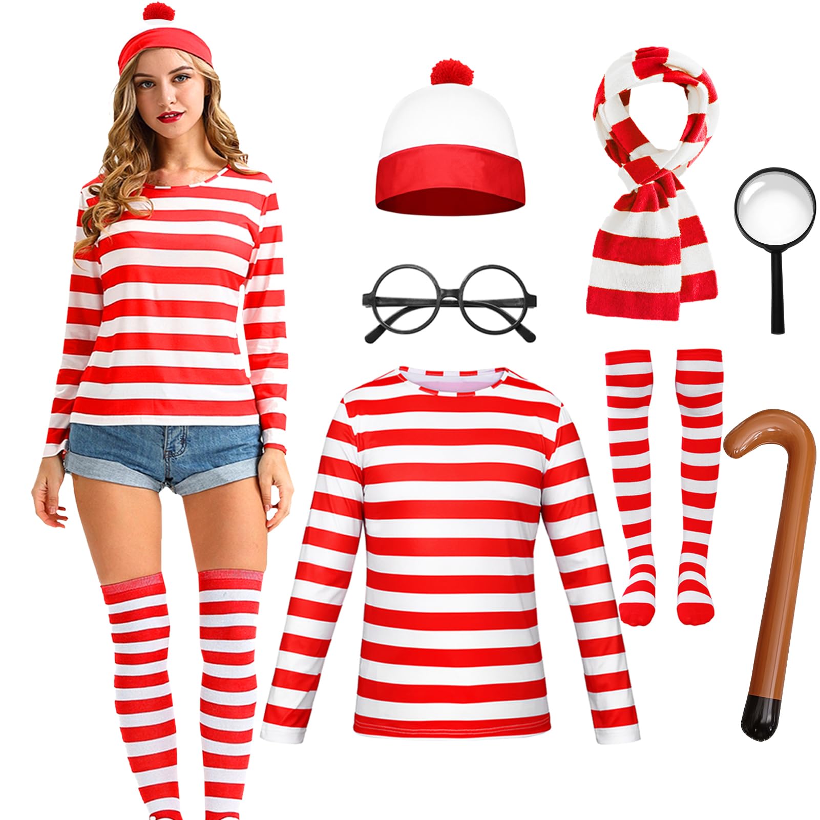 Antsparty Red and White Striped T-Shirt Set for Adult, 6PCS Wally Costume Cosplay with T-Shirt, Socks, Beanie Hat, Glasses, Men Women Halloween Costumes World Book Day Outfit