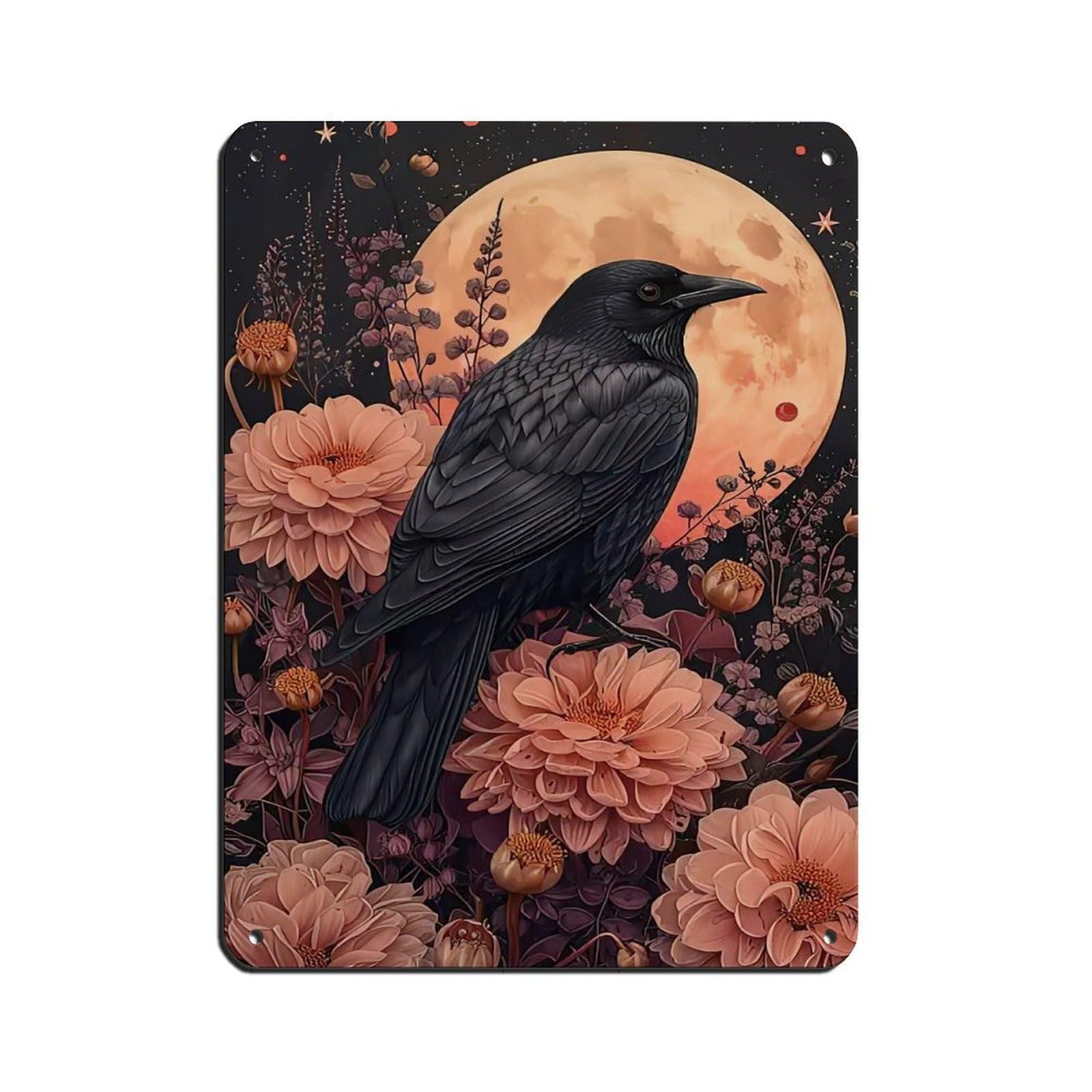 Lxwnze 30L X 40W Cm Vintage Crow And Flowers Painting Poster, Dark Crow Tin Sign Vintage Metal Pub Club Cafe Bar Home Wall Art Decoration Poster Retro 12X16inch(30X40cm)