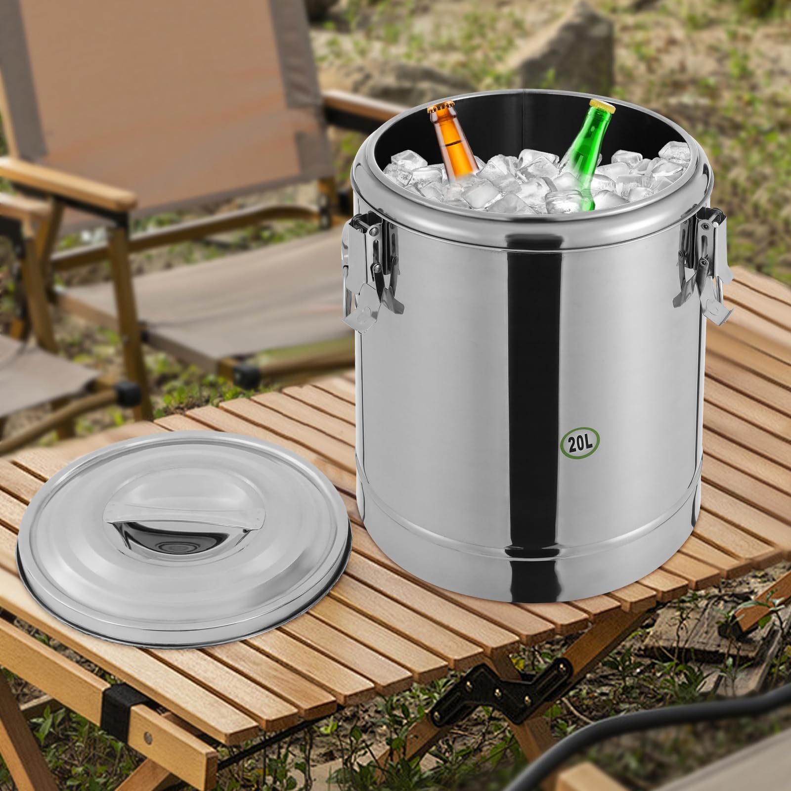 Kommerzieller Thermobehälter für Essen 20L Edelstahl Eimer mit Deckel Lebensmittel Wärmebehälter Speisenwärmer, Profi Gastro Speisentransportbehälter mit Griff, Deckel, Verschlussklammer