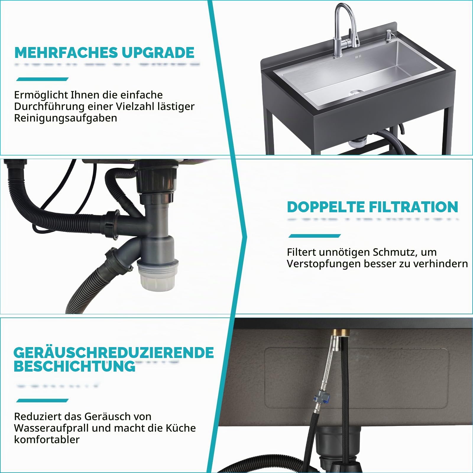 Freistehende Edelstahl Waschspüle für Außenbereich, Spülbecken Küchen Spüle mit Abtropfschale & Ausziehbarem Wasserhahn & Kalt-Warmwasserrohre, Kitchen Sink Handwaschspüle für Küche, Garage, Garten