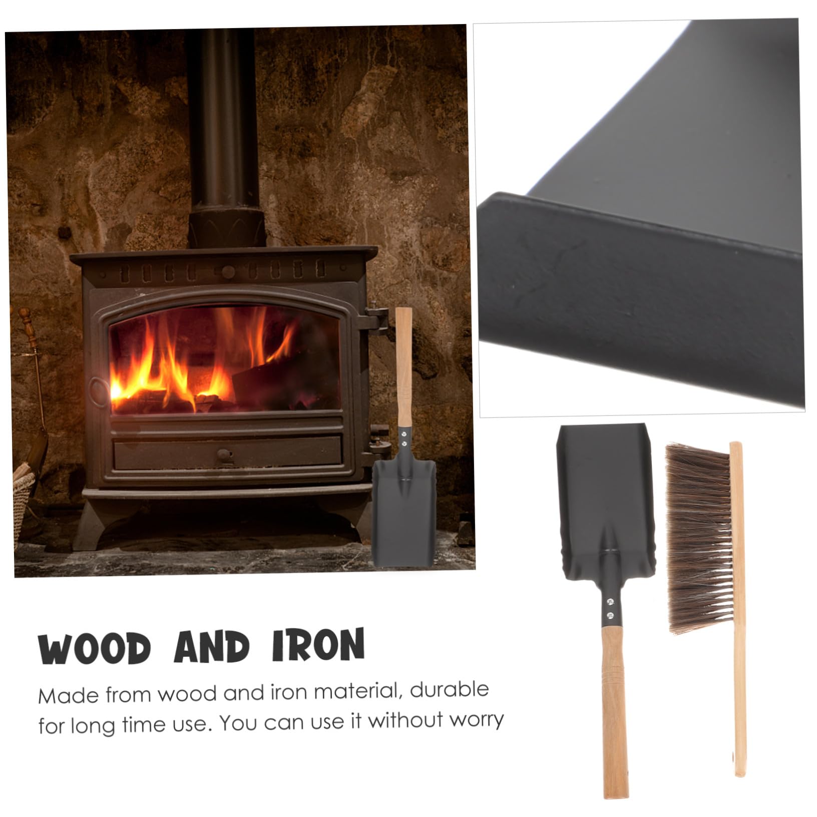 Sosoport Strumenti per Stufa Spazzola e Paletta Kit Pulizia Stufa in Ferro e Legno Manico in Legno Pratici e Resistenti