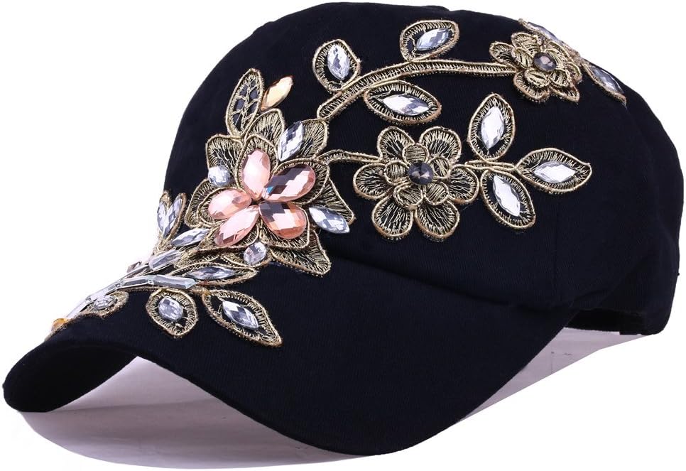 CRUOXIBBBling Baseball Cap Women Lace Flower Rhinestone Denim Jean Snapback Hip Hop Hat
