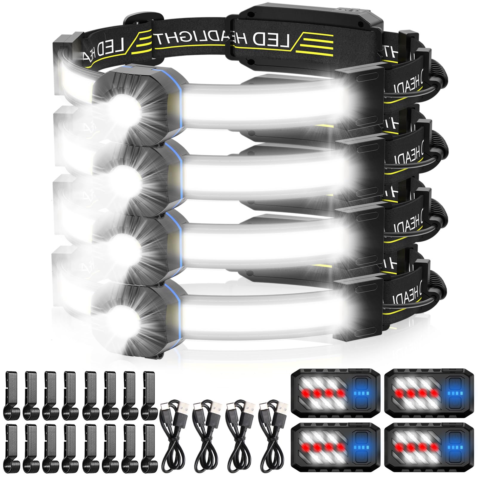 Spriak LED Headlamp, 1000lumens 230° Widebeam Headlight 4 Packs, USB Rechargeable HeadLamp with Red Taillight, Lightweight Waterproof Headband Light for Camping Running Hiking, Hard Hat Headlamp
