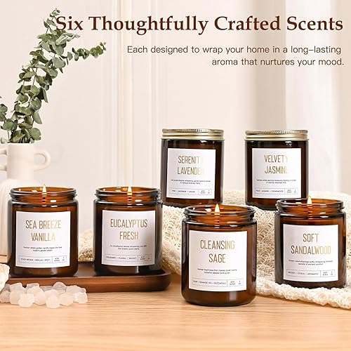 Miniatura 4 de Juego de 6 velas perfumadas de soja para mujer, paquete de 6 velas de 42 onzas, 300 horas para el hogar, aroma a lavanda, vainilla, eucalipto,