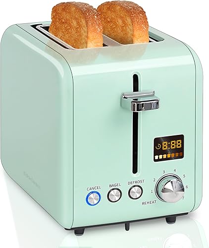 SEEDEEM Tostadora de 2 rebanadas con pantalla LCD a color, acero inoxidable, 7 ajustes de sombra de pan, ranuras de 1.4 pulgadas de ancho, funciones